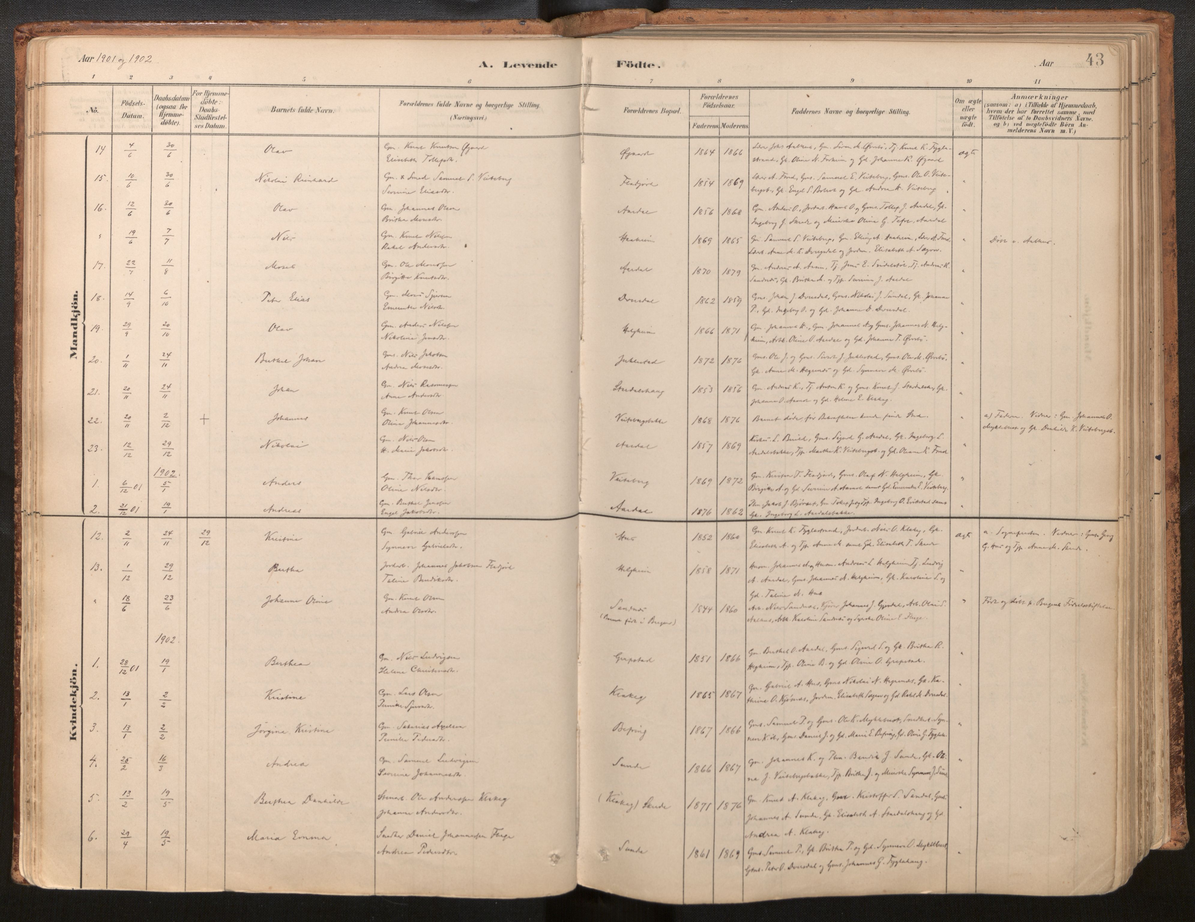 Jølster sokneprestembete, AV/SAB-A-80701/H/Haa/Haac/L0001: Parish register (official) no. C 1, 1882-1928, p. 43