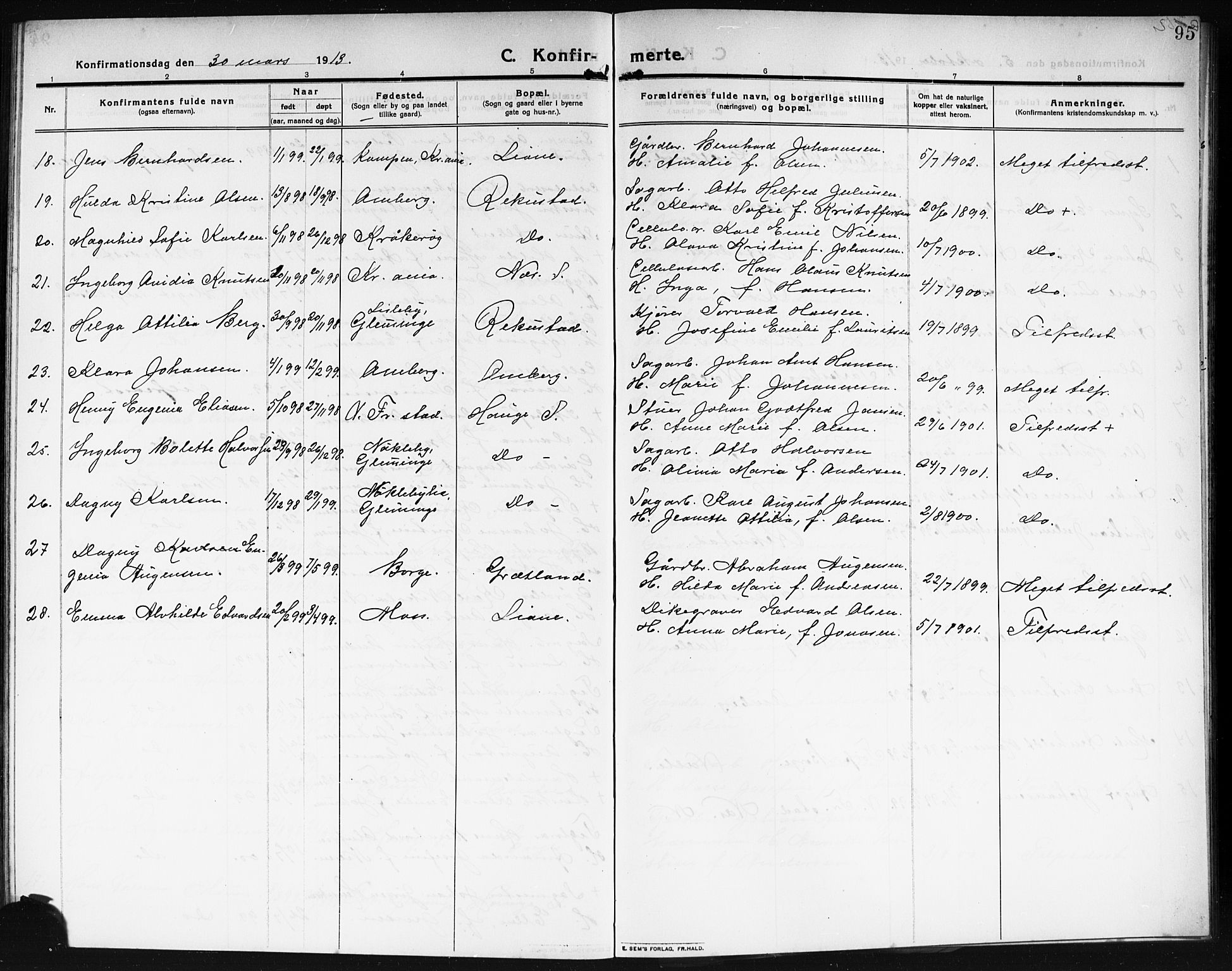Rolvsøy prestekontor Kirkebøker, AV/SAO-A-2004/G/Ga/L0001: Parish register (copy) no. 1, 1911-1920, p. 95