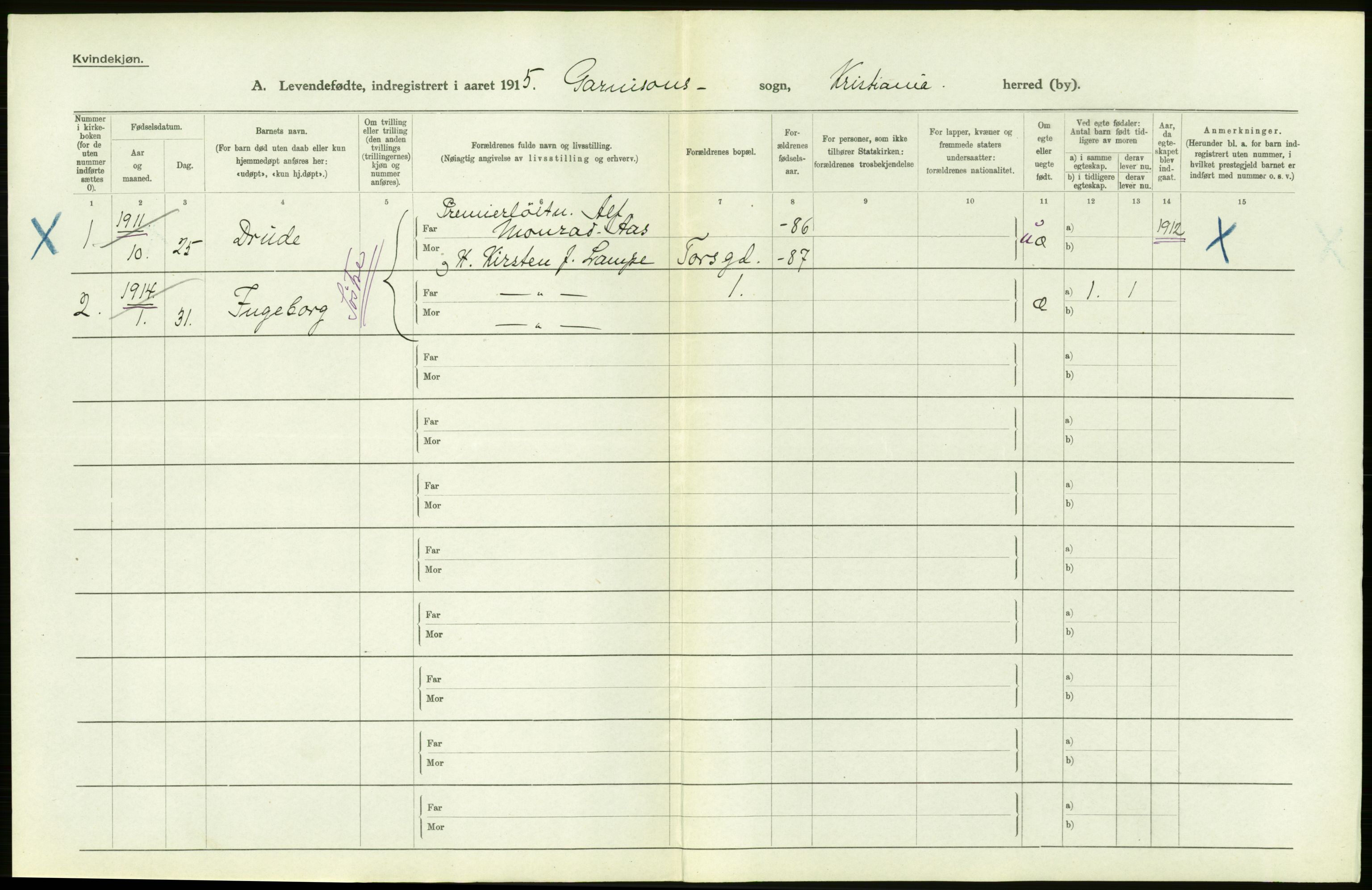 Statistisk sentralbyrå, Sosiodemografiske emner, Befolkning, AV/RA-S-2228/D/Df/Dfb/Dfbe/L0006: Kristiania: Levendefødte menn og kvinner., 1915, p. 608