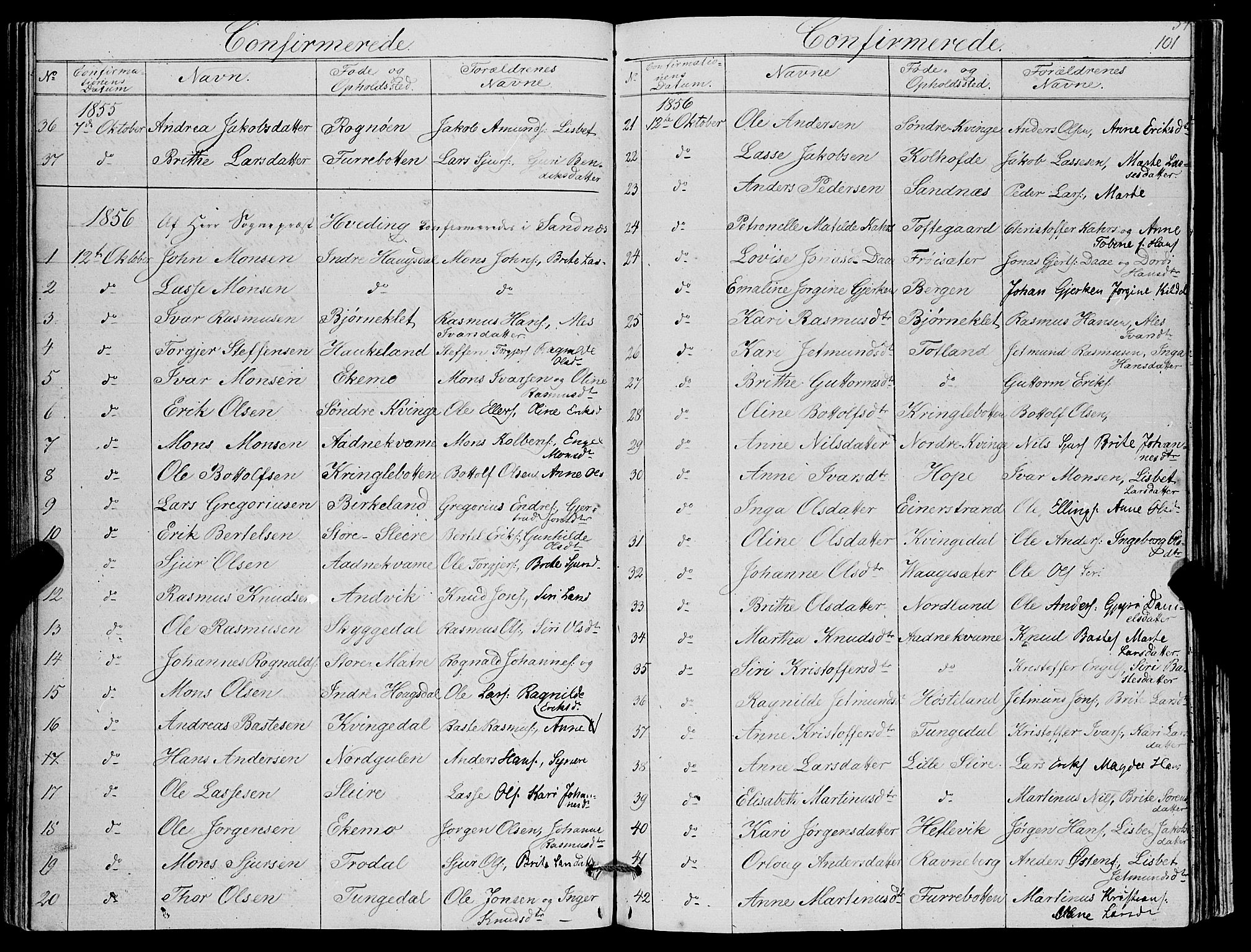 Masfjorden Sokneprestembete, SAB/A-77001: Parish register (copy) no. A 1, 1851-1875, p. 101