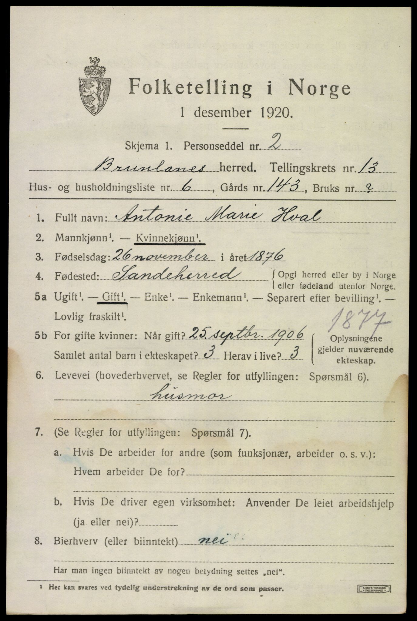 SAKO, 1920 census for Brunlanes, 1920, p. 10835
