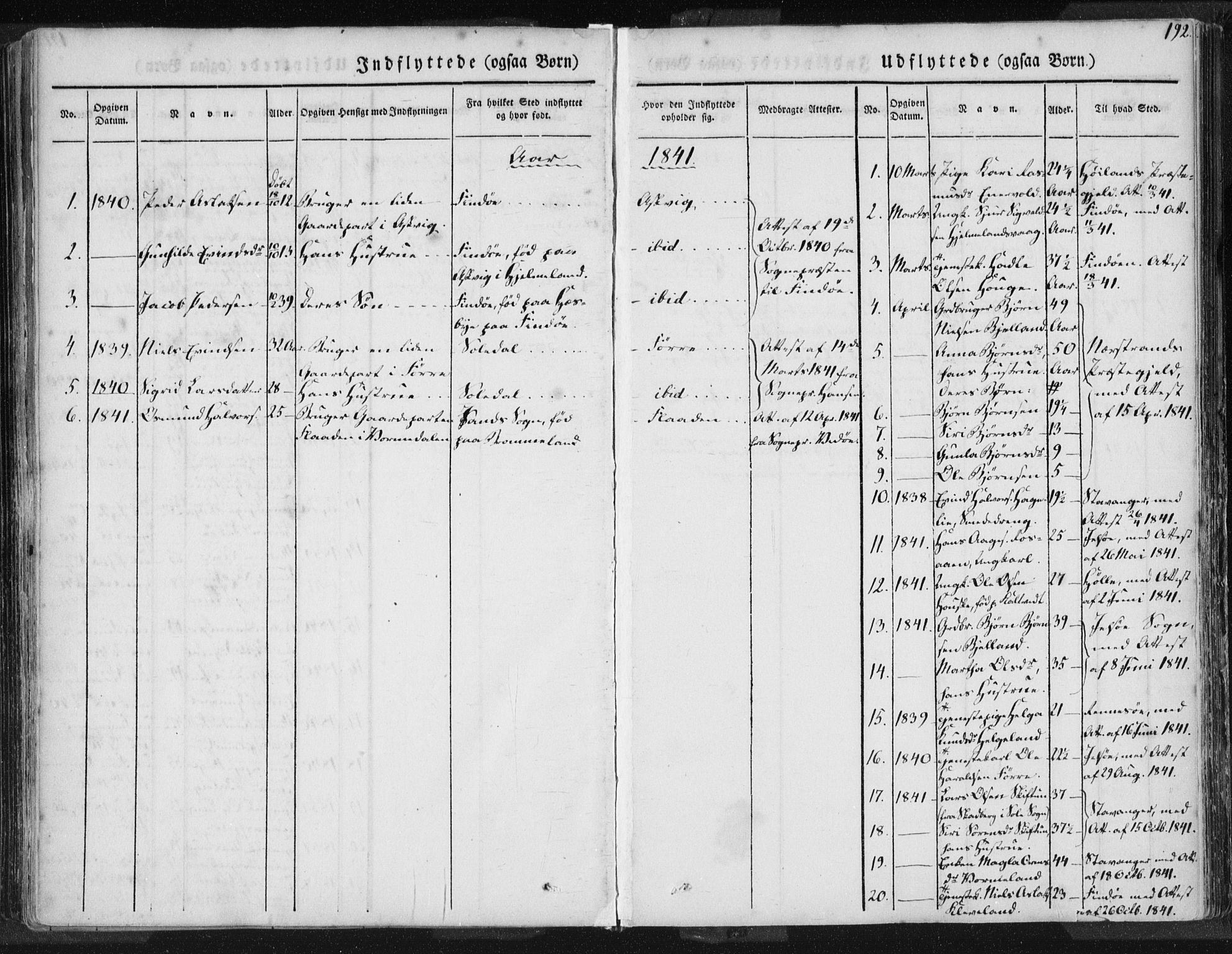 Hjelmeland sokneprestkontor, SAST/A-101843/01/IV/L0006: Parish register (official) no. A 6, 1834-1845, p. 192