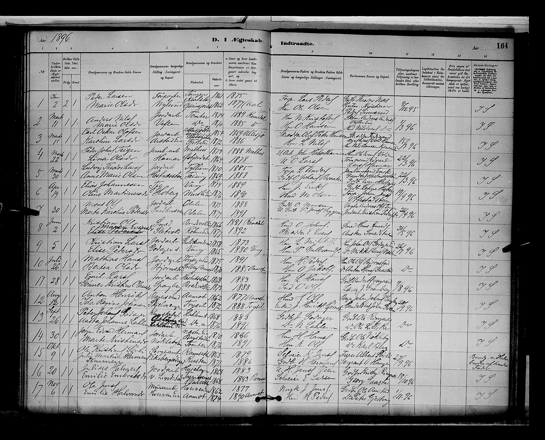 Stange prestekontor, AV/SAH-PREST-002/L/L0009: Parish register (copy) no. 9, 1883-1899, p. 164