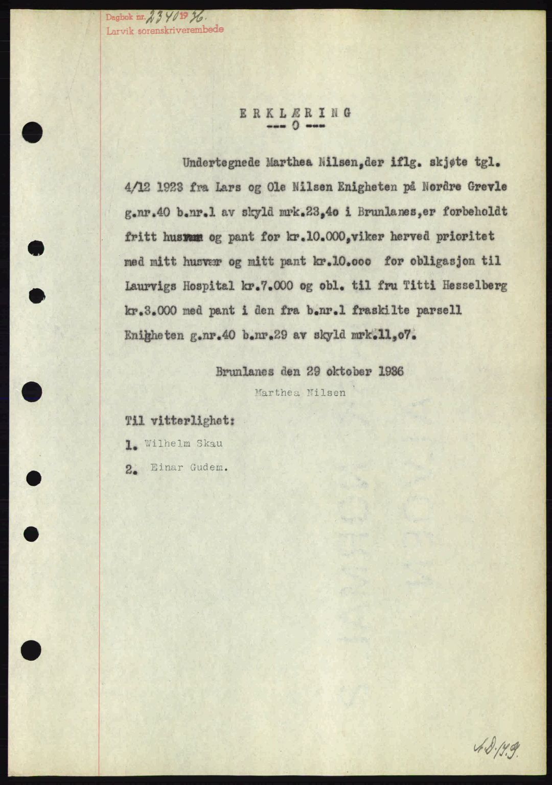 Larvik sorenskriveri, SAKO/A-83/G/Ga/Gab/L0067: Mortgage book no. A-1, 1936-1937, Diary no: : 2340/1936