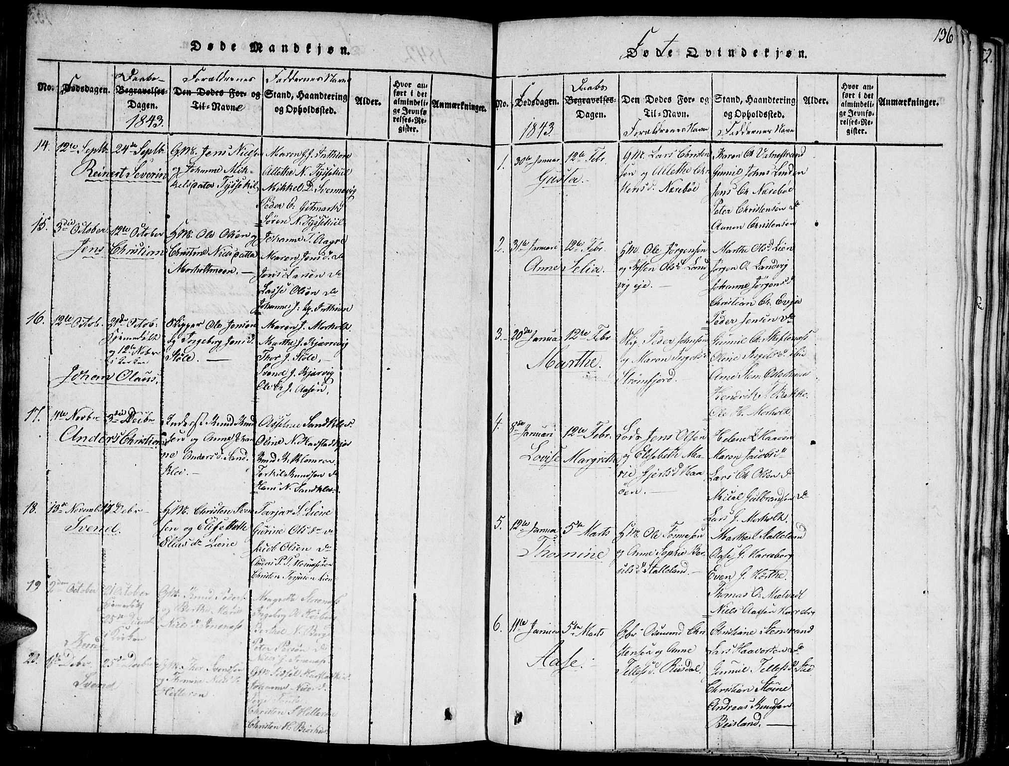 Hommedal sokneprestkontor, AV/SAK-1111-0023/F/Fa/Fab/L0003: Parish register (official) no. A 3, 1815-1848, p. 136