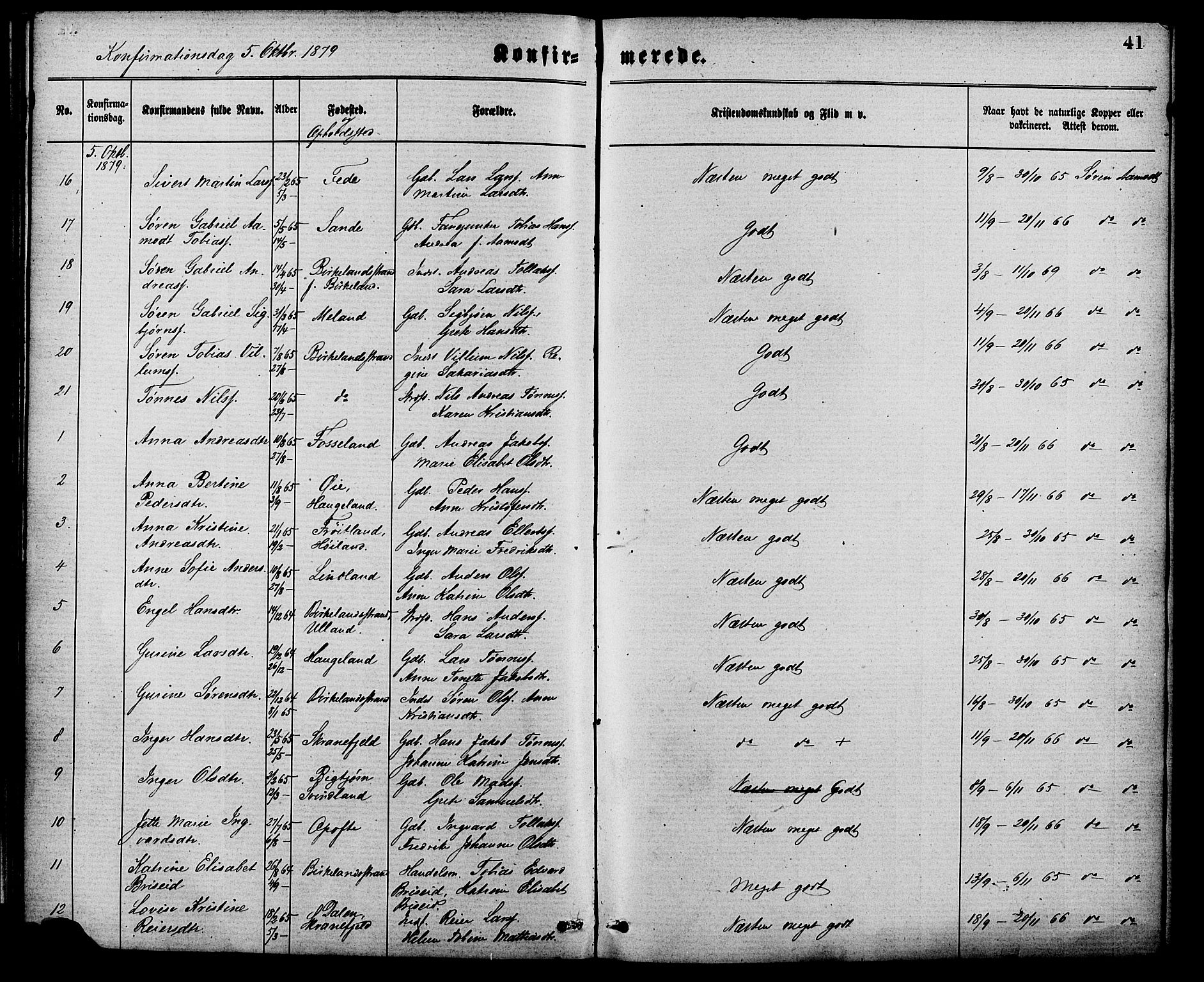 Kvinesdal sokneprestkontor, SAK/1111-0026/F/Fa/Faa/L0003: Parish register (official) no. A 3, 1877-1882, p. 41
