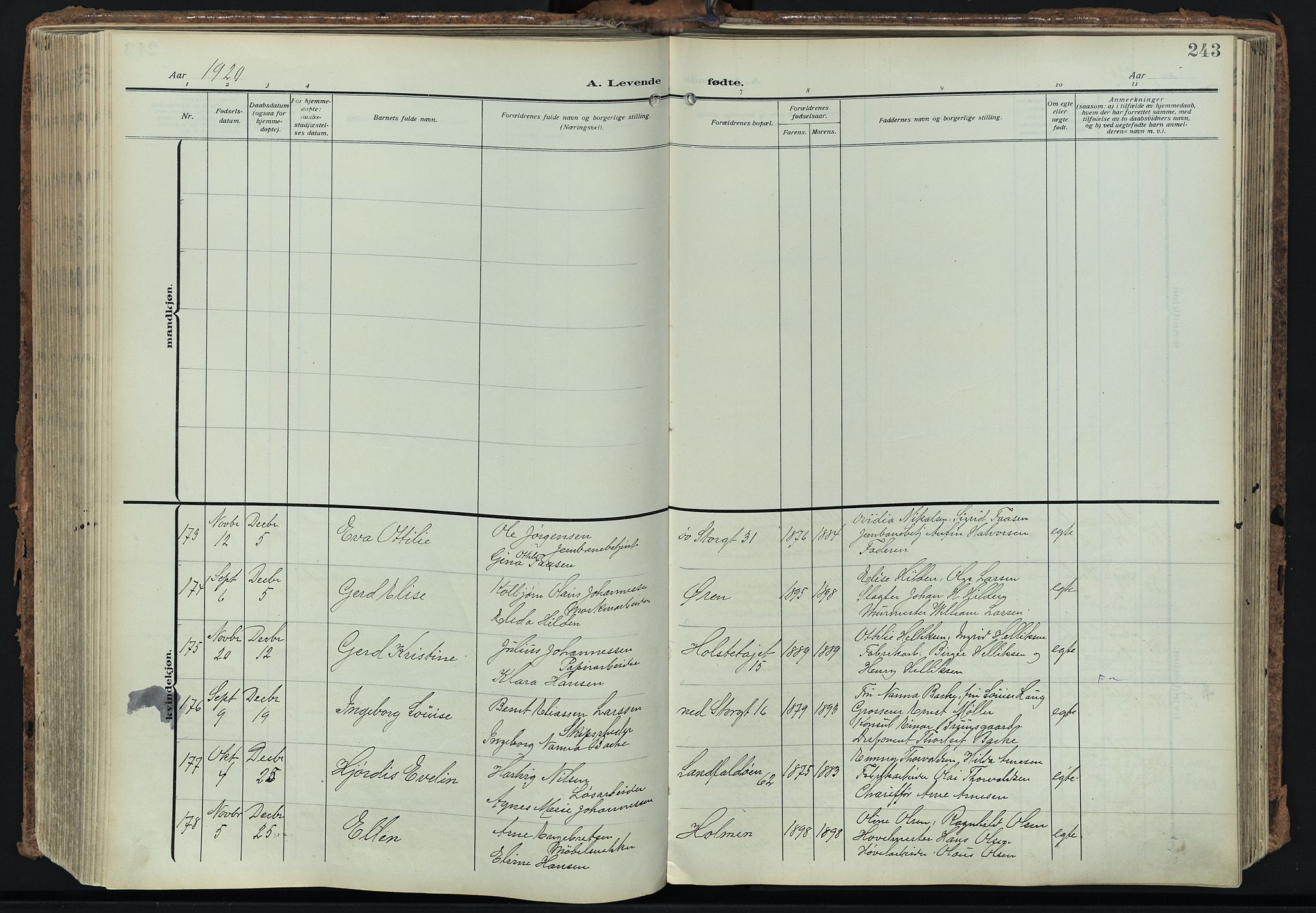 Bragernes kirkebøker, AV/SAKO-A-6/F/Fb/L0010: Parish register (official) no. II 10, 1911-1922, p. 243