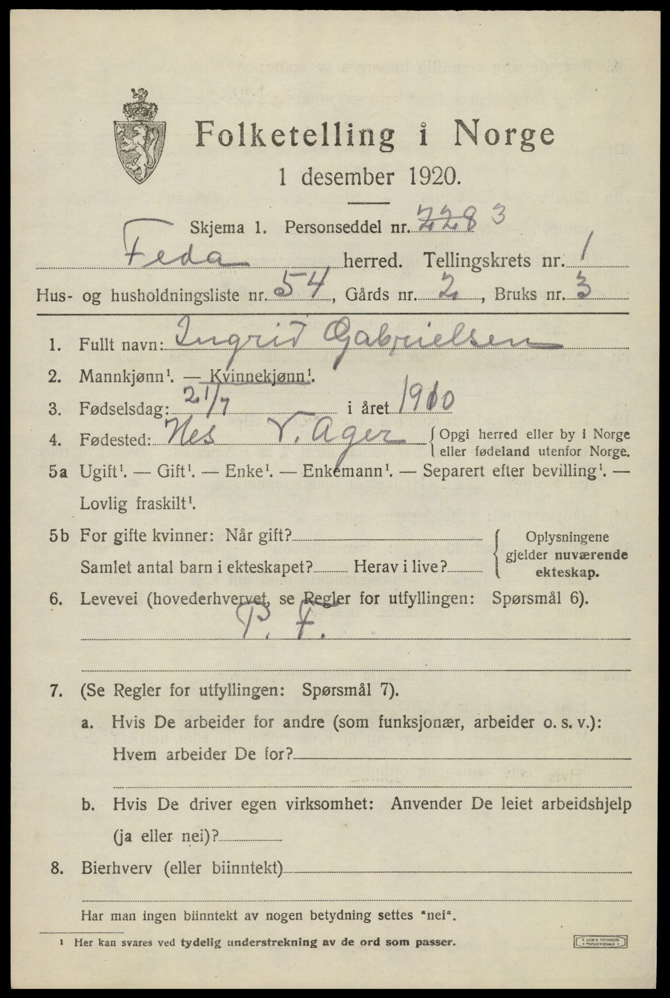 SAK, 1920 census for Feda, 1920, p. 909