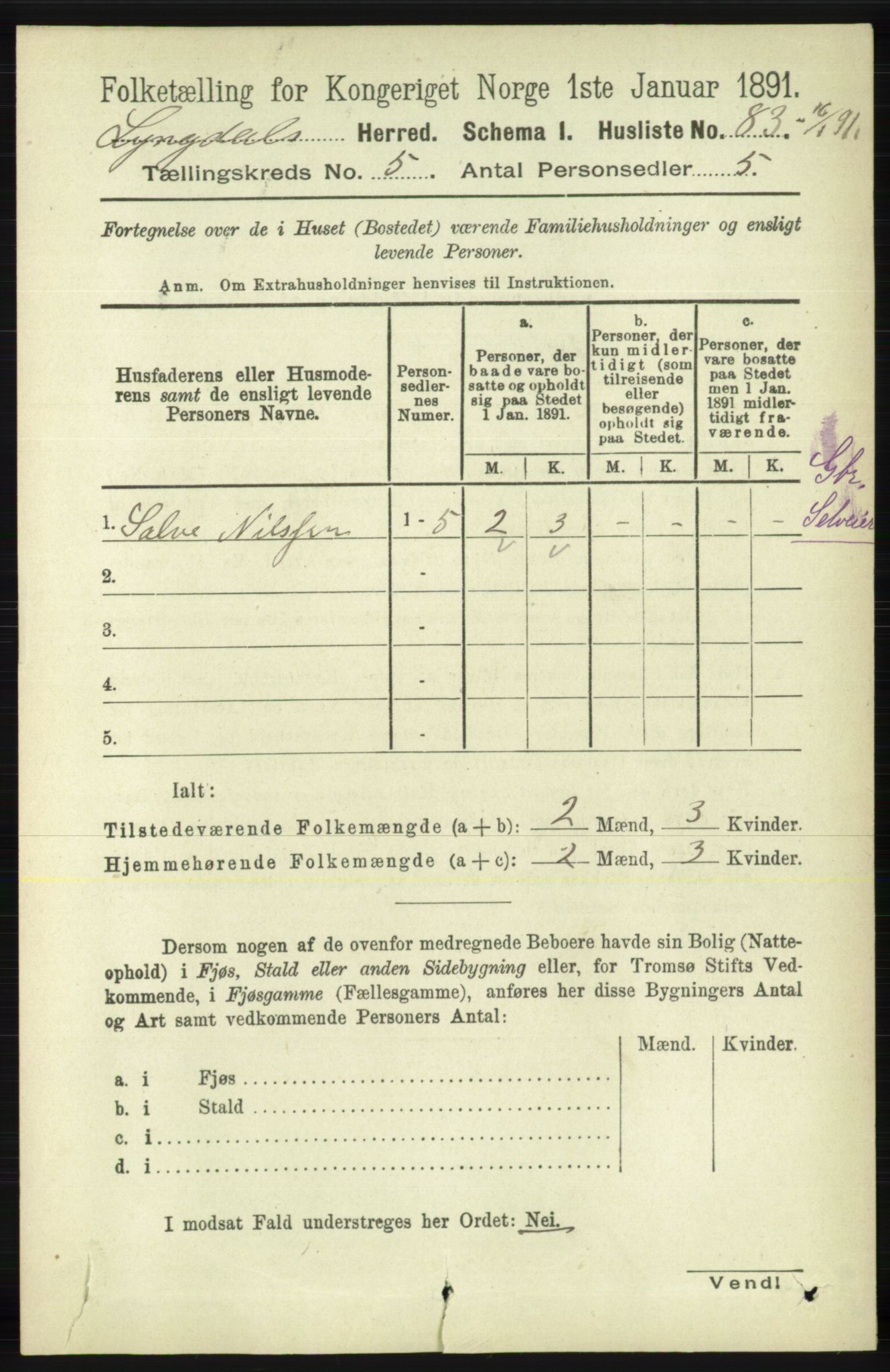 RA, 1891 census for 1032 Lyngdal, 1891, p. 1882