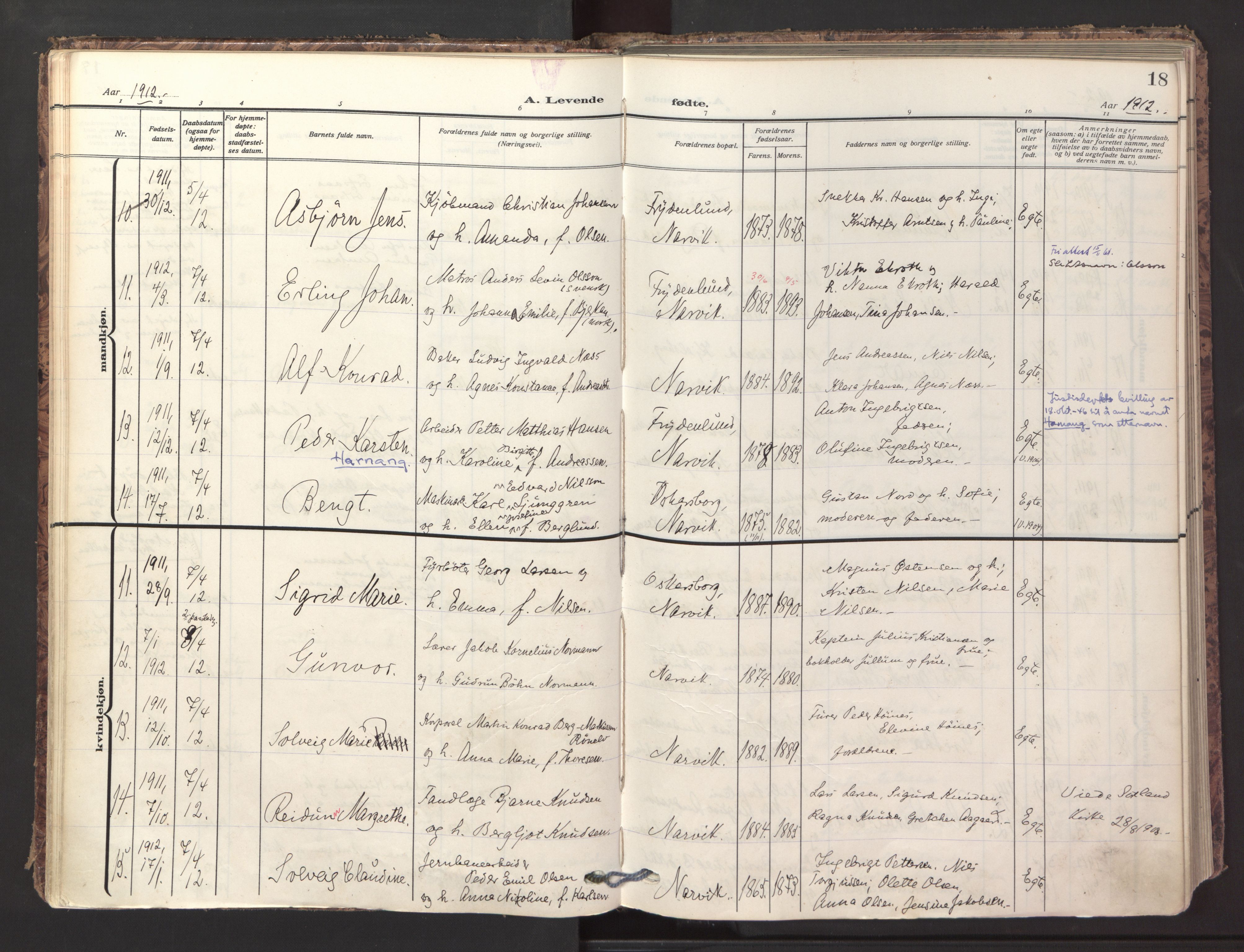 Ministerialprotokoller, klokkerbøker og fødselsregistre - Nordland, SAT/A-1459/871/L1001: Parish register (official) no. 871A17, 1911-1921, p. 18