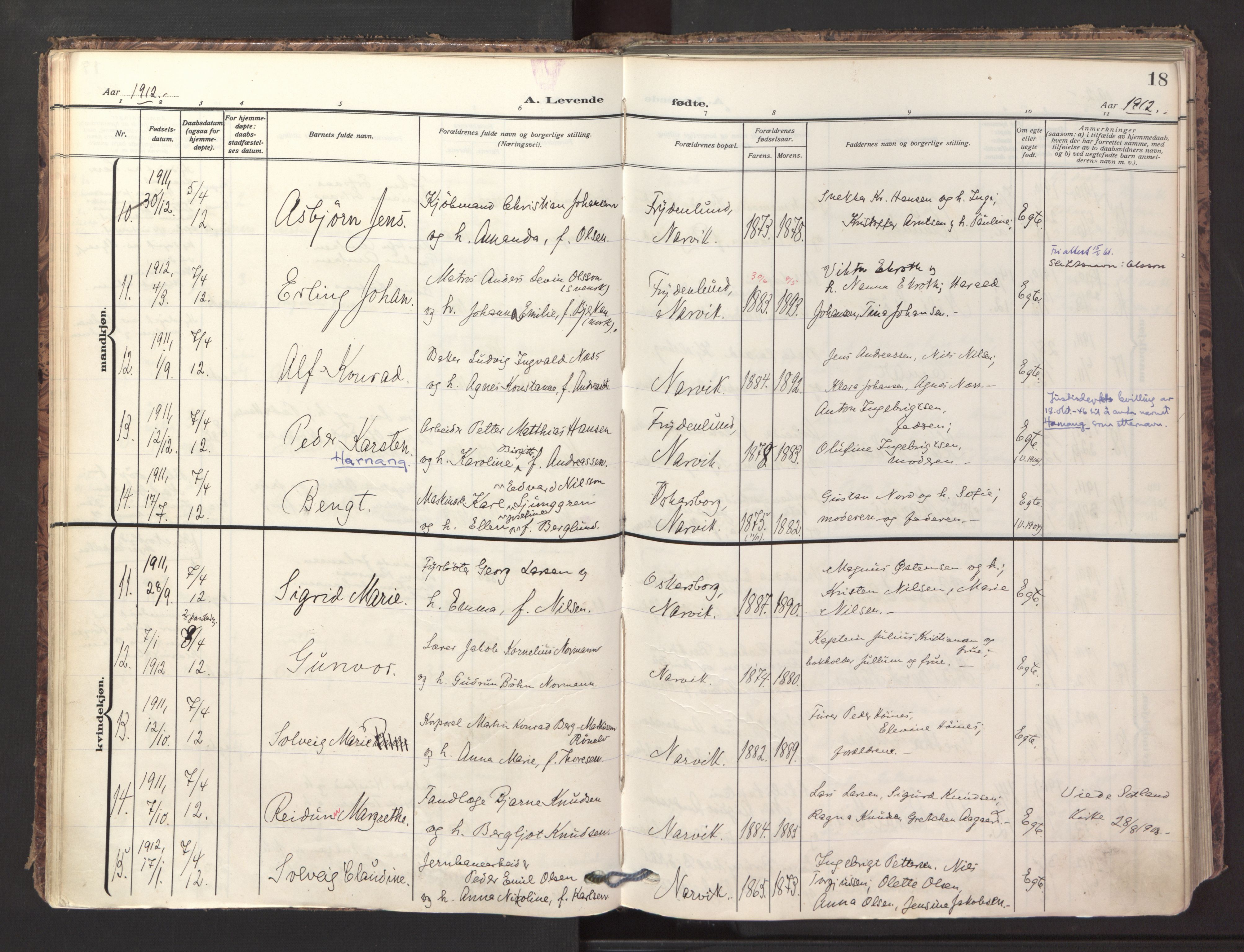 Ministerialprotokoller, klokkerbøker og fødselsregistre - Nordland, AV/SAT-A-1459/871/L1001: Parish register (official) no. 871A17, 1911-1921, p. 18