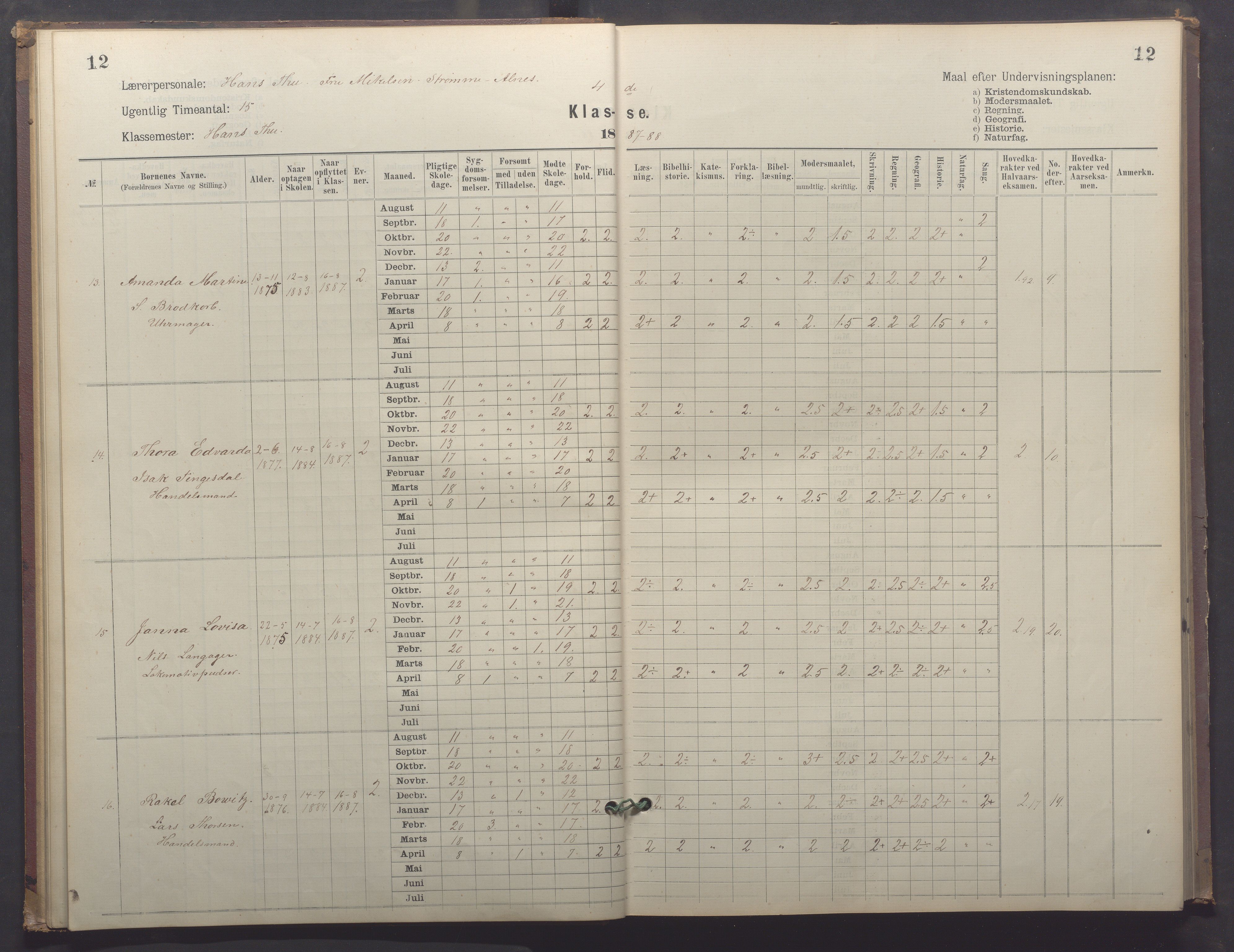 Egersund kommune (Ladested) - Egersund almueskole/folkeskole, IKAR/K-100521/H/L0025: Skoleprotokoll - Almueskolen, 4. klasse, 1887-1892, p. 12