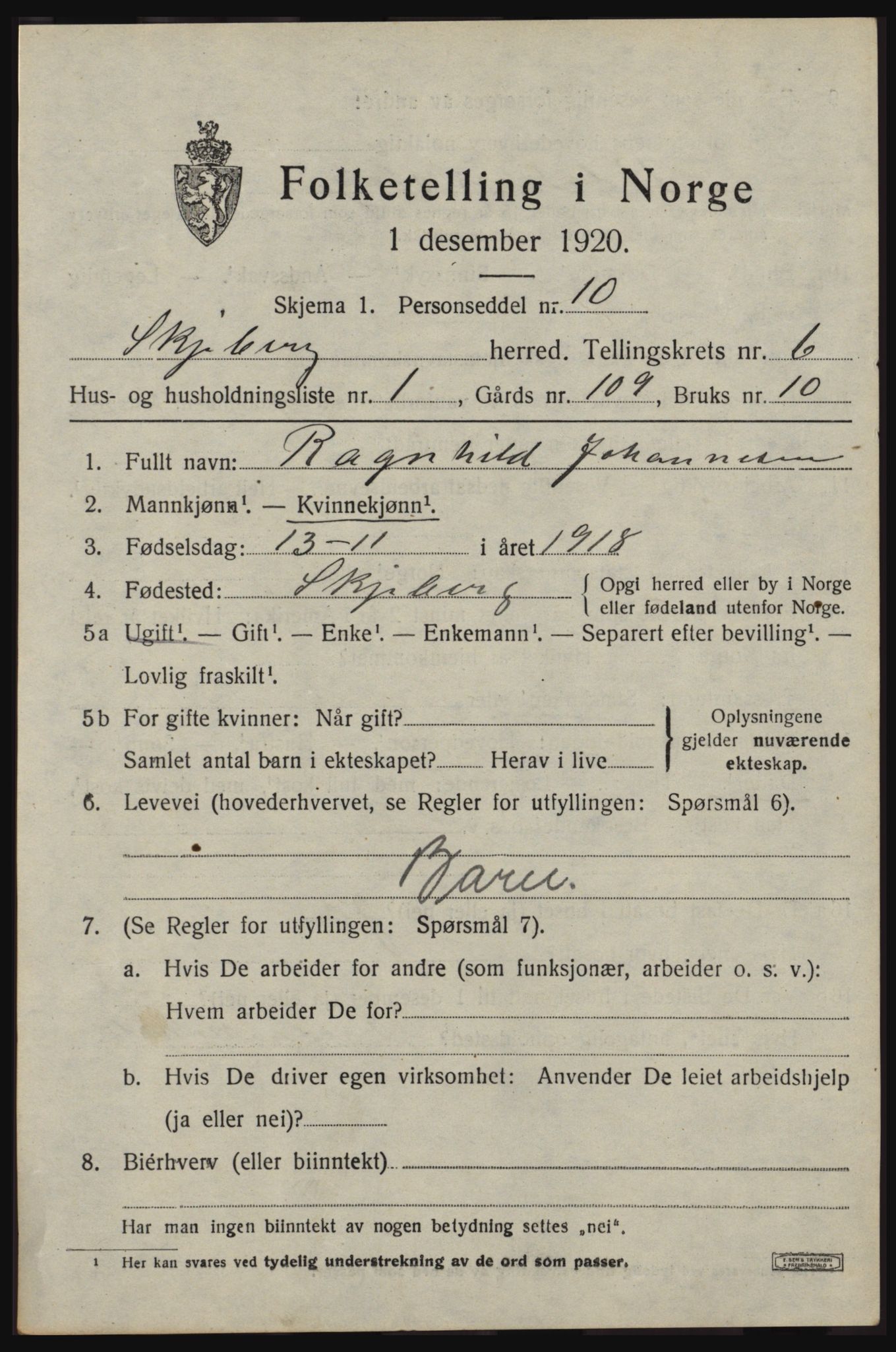 SAO, 1920 census for Skjeberg, 1920, p. 6617