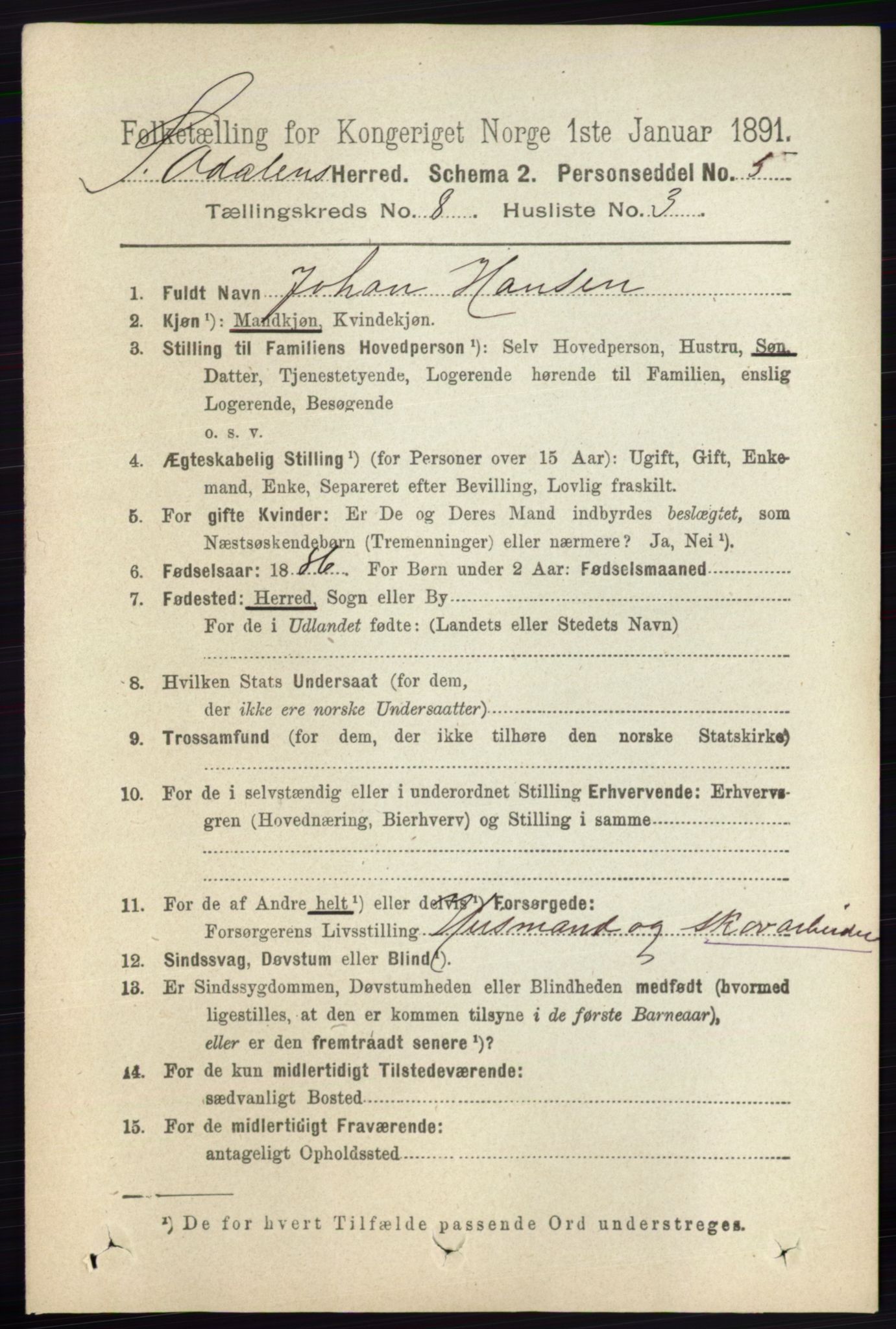 RA, 1891 census for 0419 Sør-Odal, 1891, p. 3991