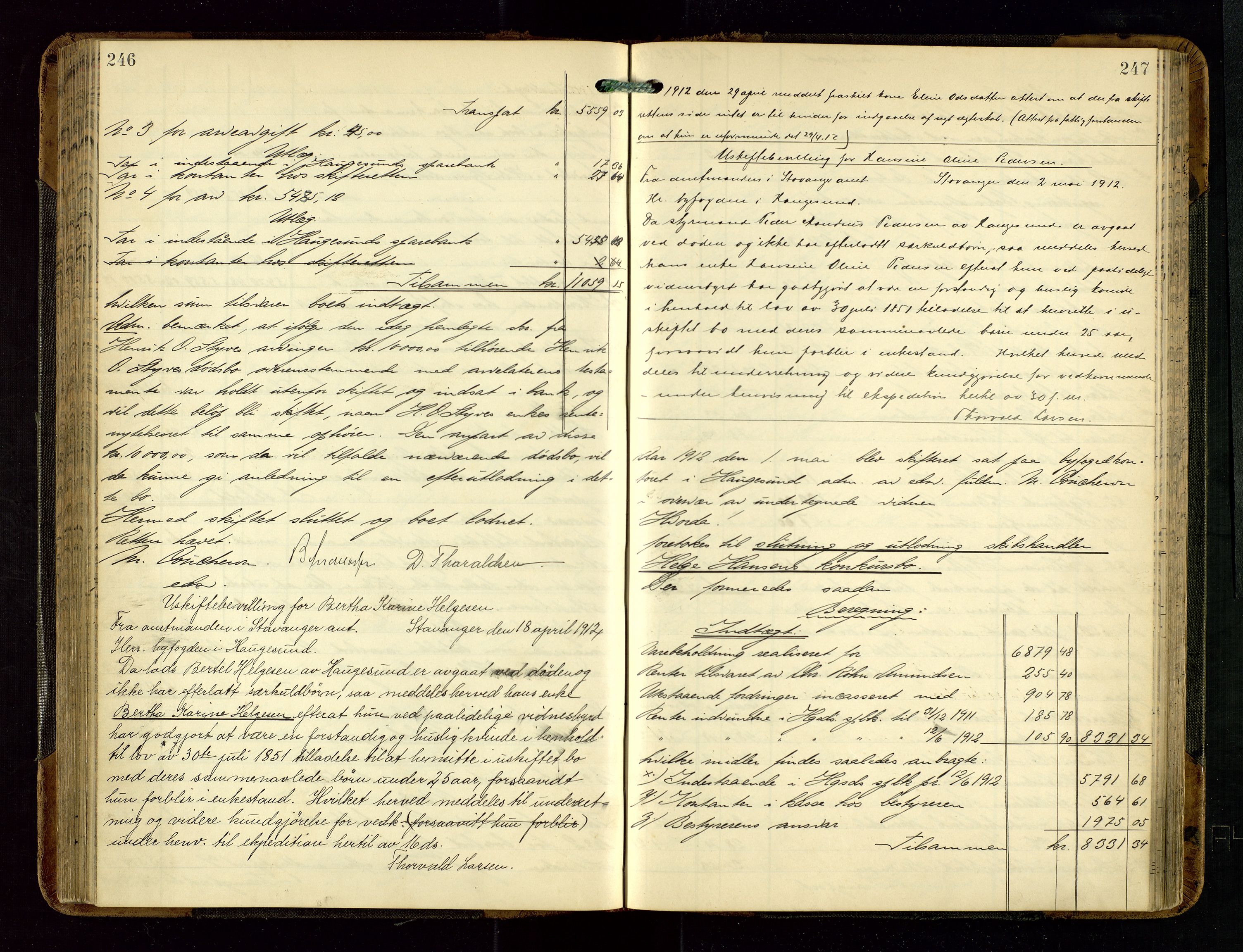 Haugesund tingrett, AV/SAST-A-101415/01/IV/IVD/L0002: Skifteutlodningsprotokoll, med register, 1904-1915, p. 246-247