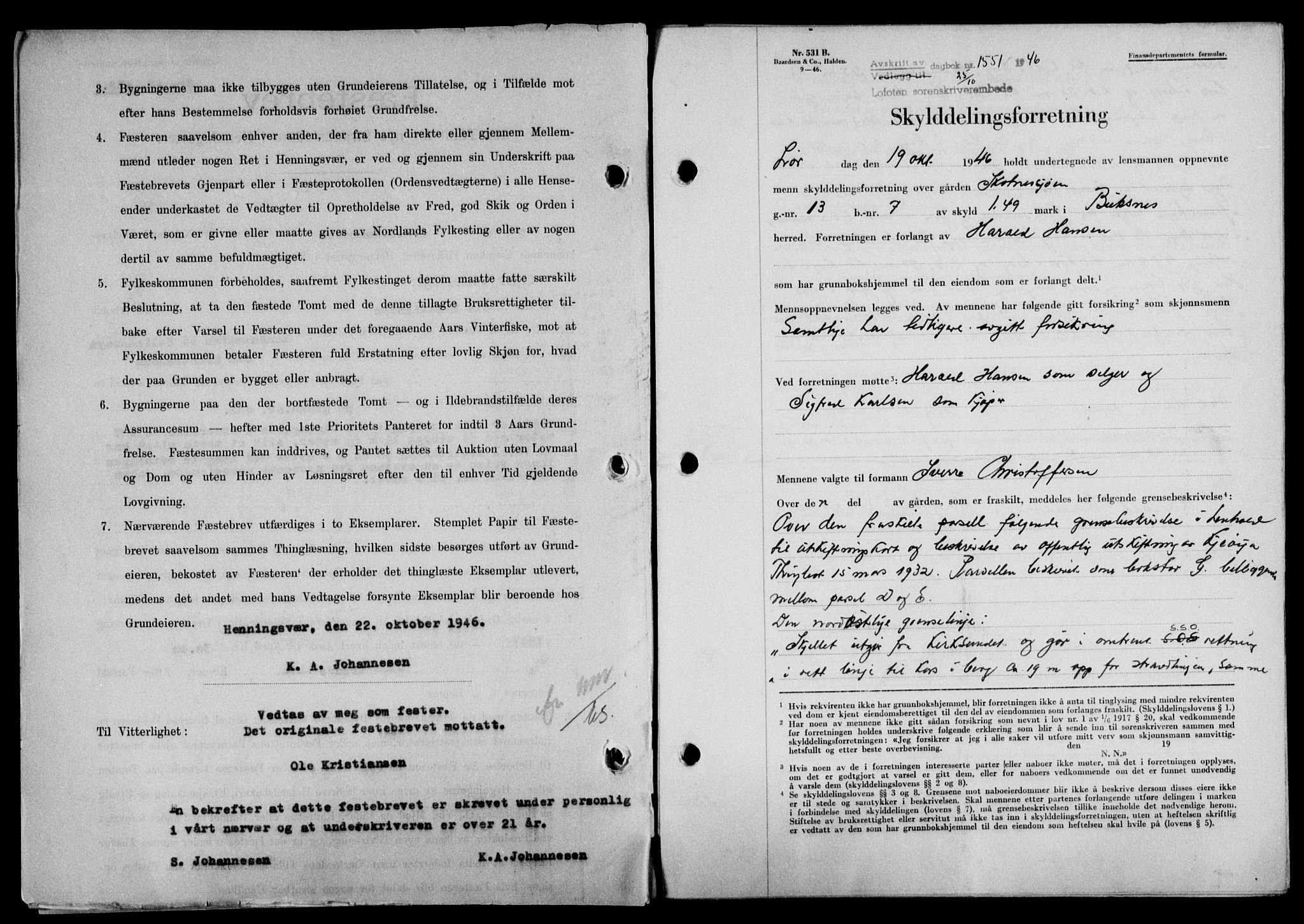 Lofoten sorenskriveri, SAT/A-0017/1/2/2C/L0014a: Mortgage book no. 14a, 1946-1946, Diary no: : 1551/1946