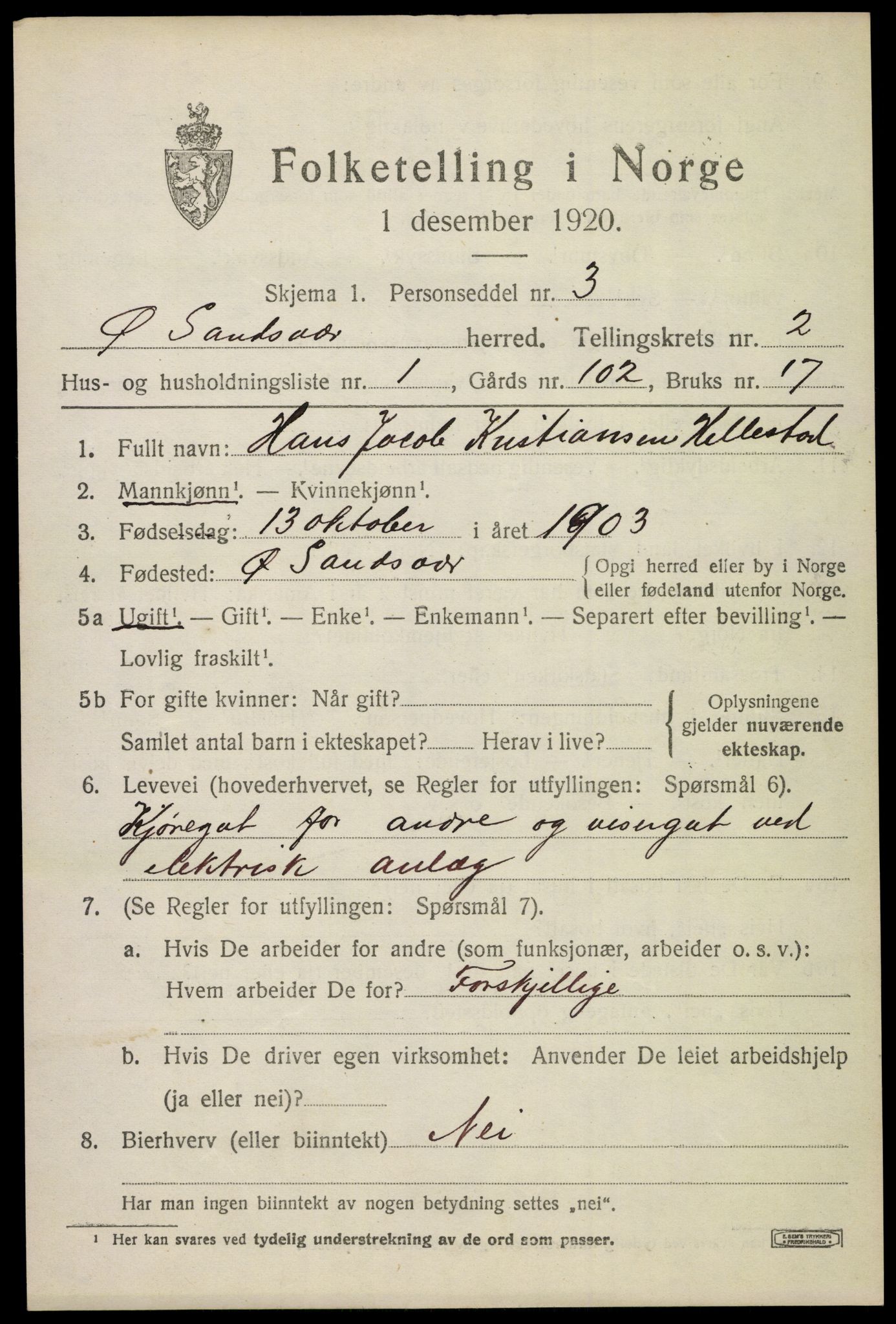 SAKO, 1920 census for Øvre Sandsvær, 1920, p. 1600