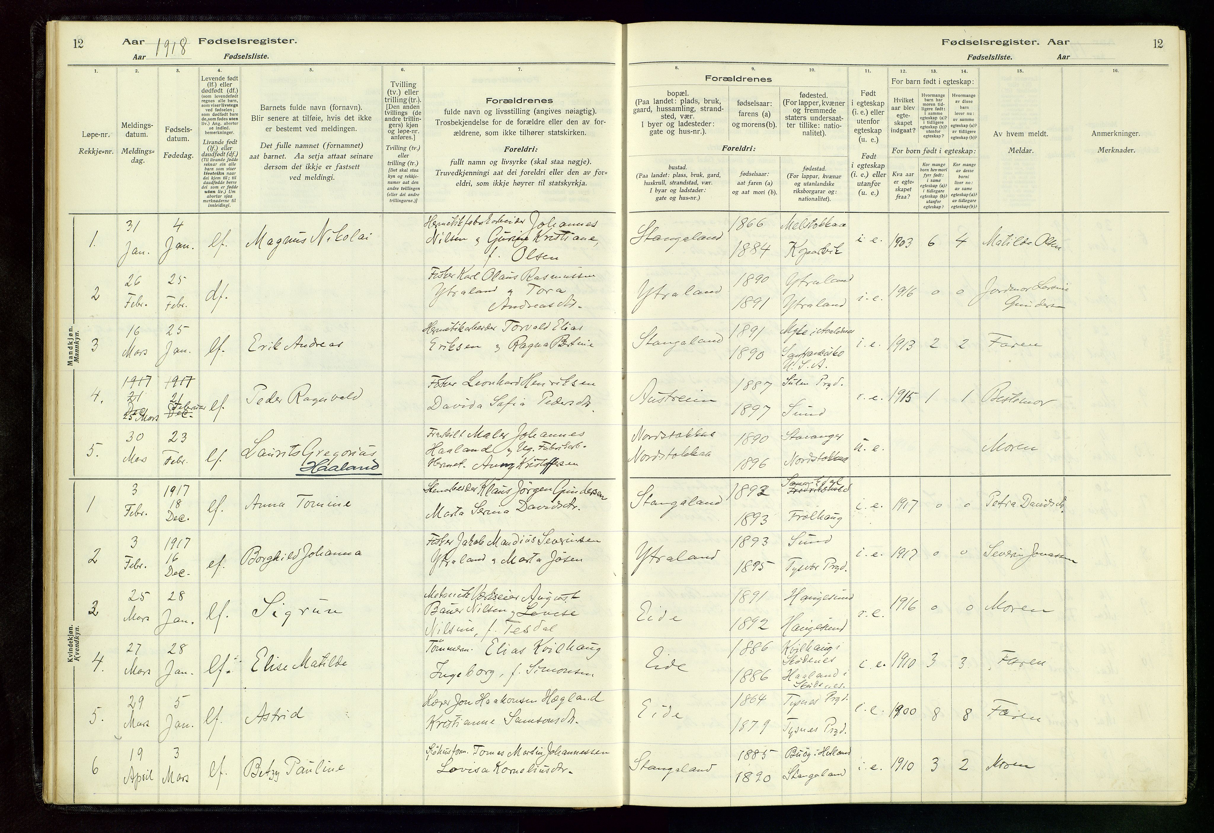 Kopervik sokneprestkontor, SAST/A-101850/I/Id/L0004: Birth register no. 4, 1916-1958, p. 12
