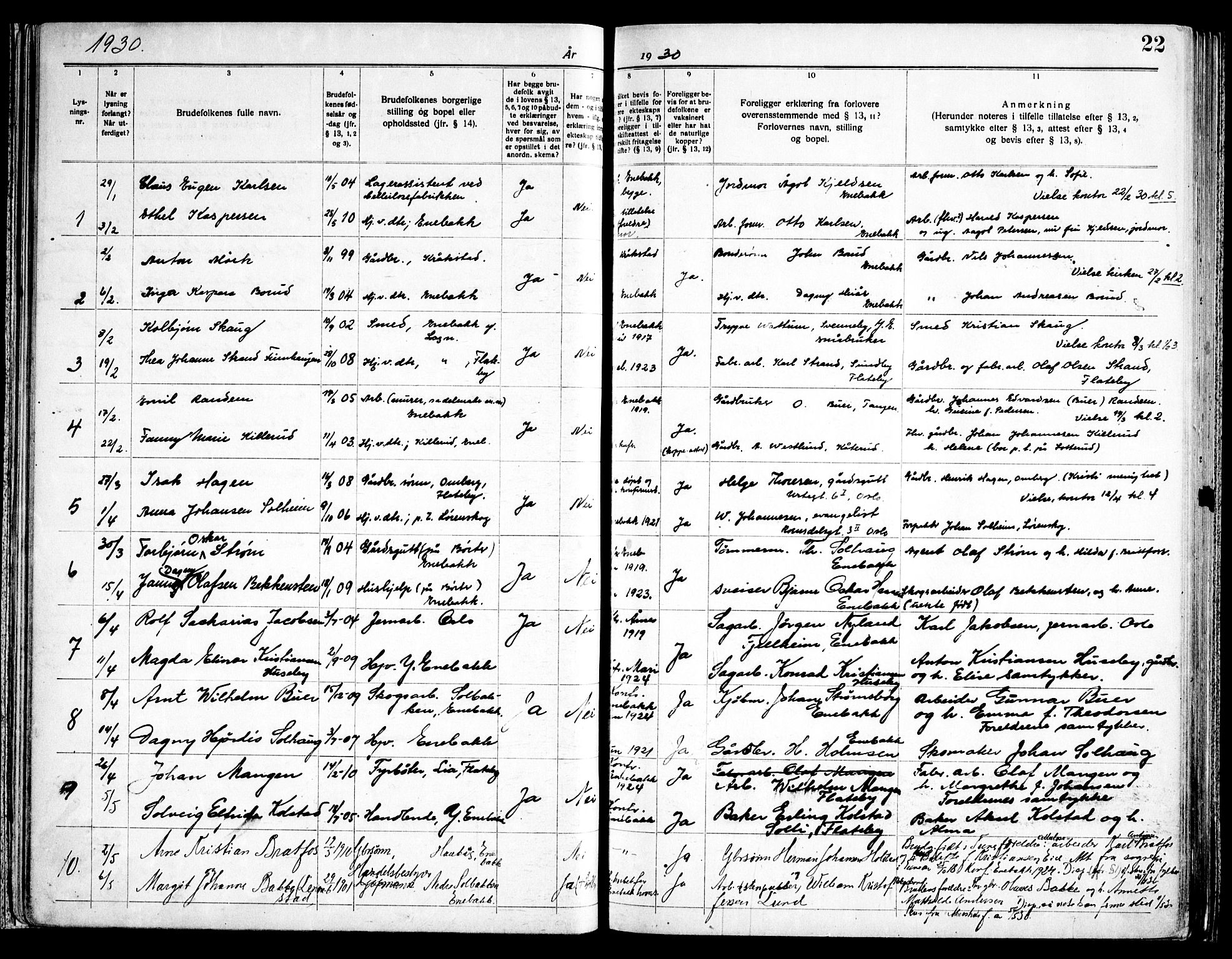 Enebakk prestekontor Kirkebøker, SAO/A-10171c/H/Ha/L0001: Banns register no. 1, 1919-1958, p. 22