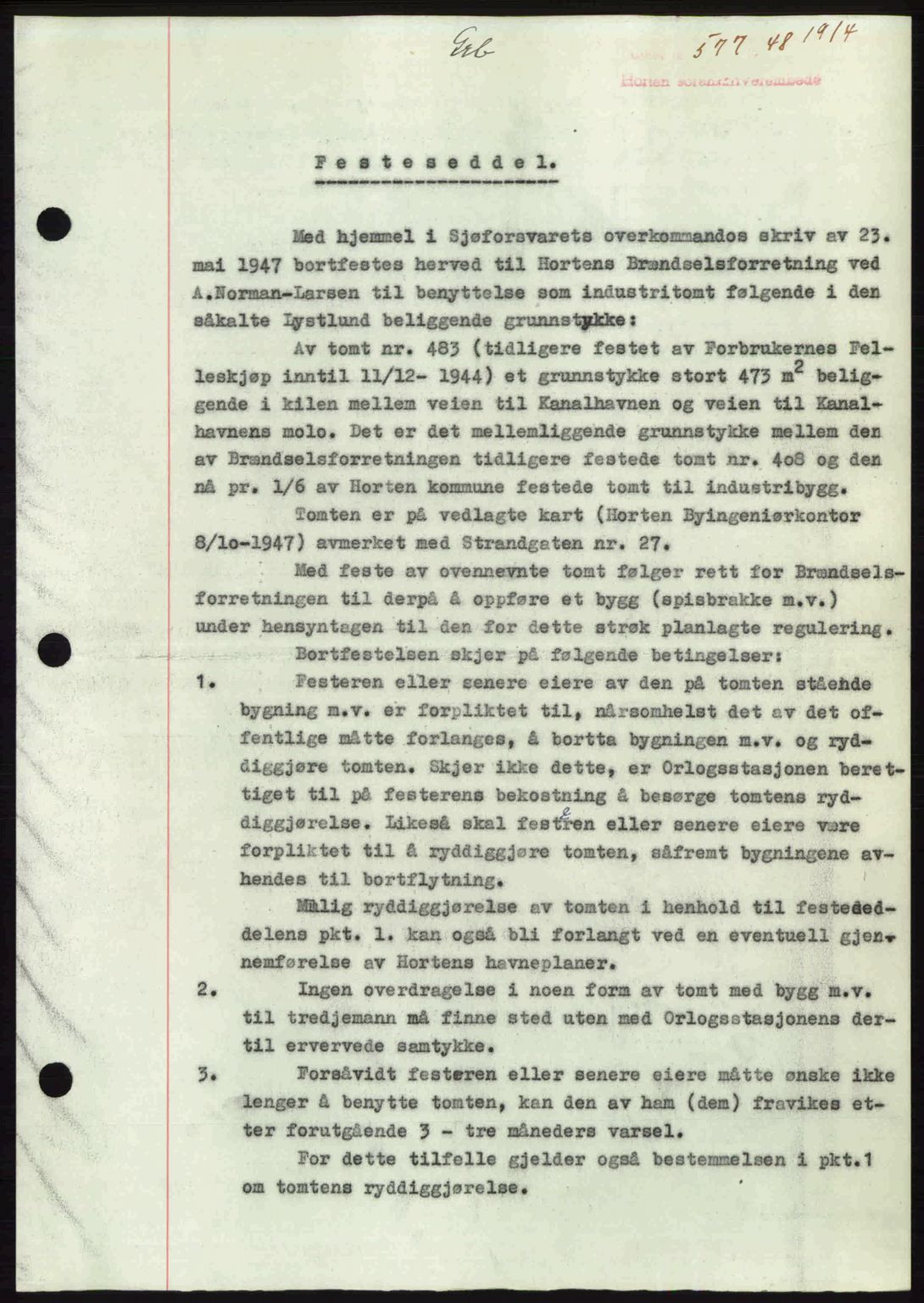 Horten sorenskriveri, AV/SAKO-A-133/G/Ga/Gaa/L0010: Mortgage book no. A-10, 1947-1948, Diary no: : 577/1948