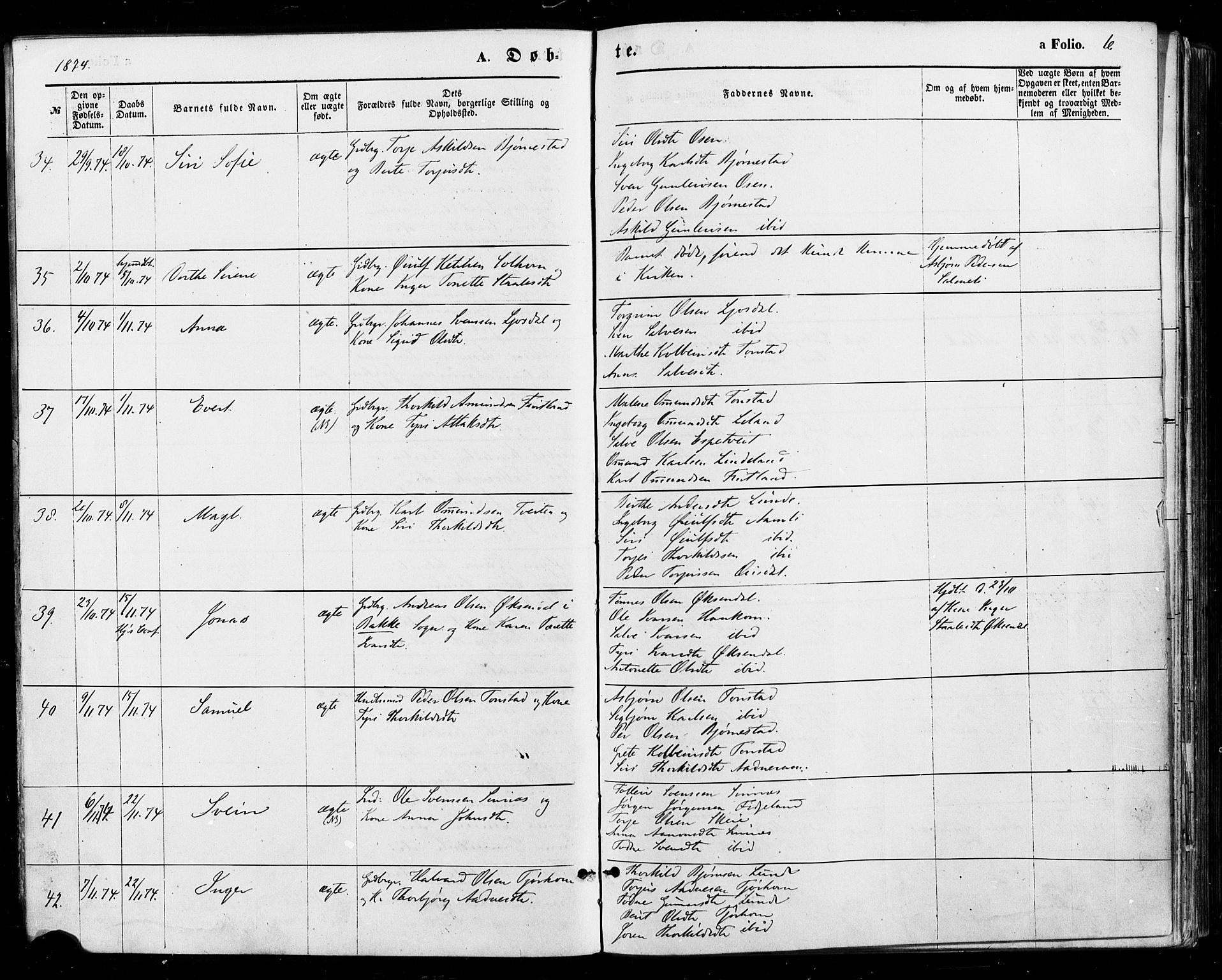 Sirdal sokneprestkontor, AV/SAK-1111-0036/F/Fa/Fab/L0003: Parish register (official) no. A 3, 1874-1886, p. 6