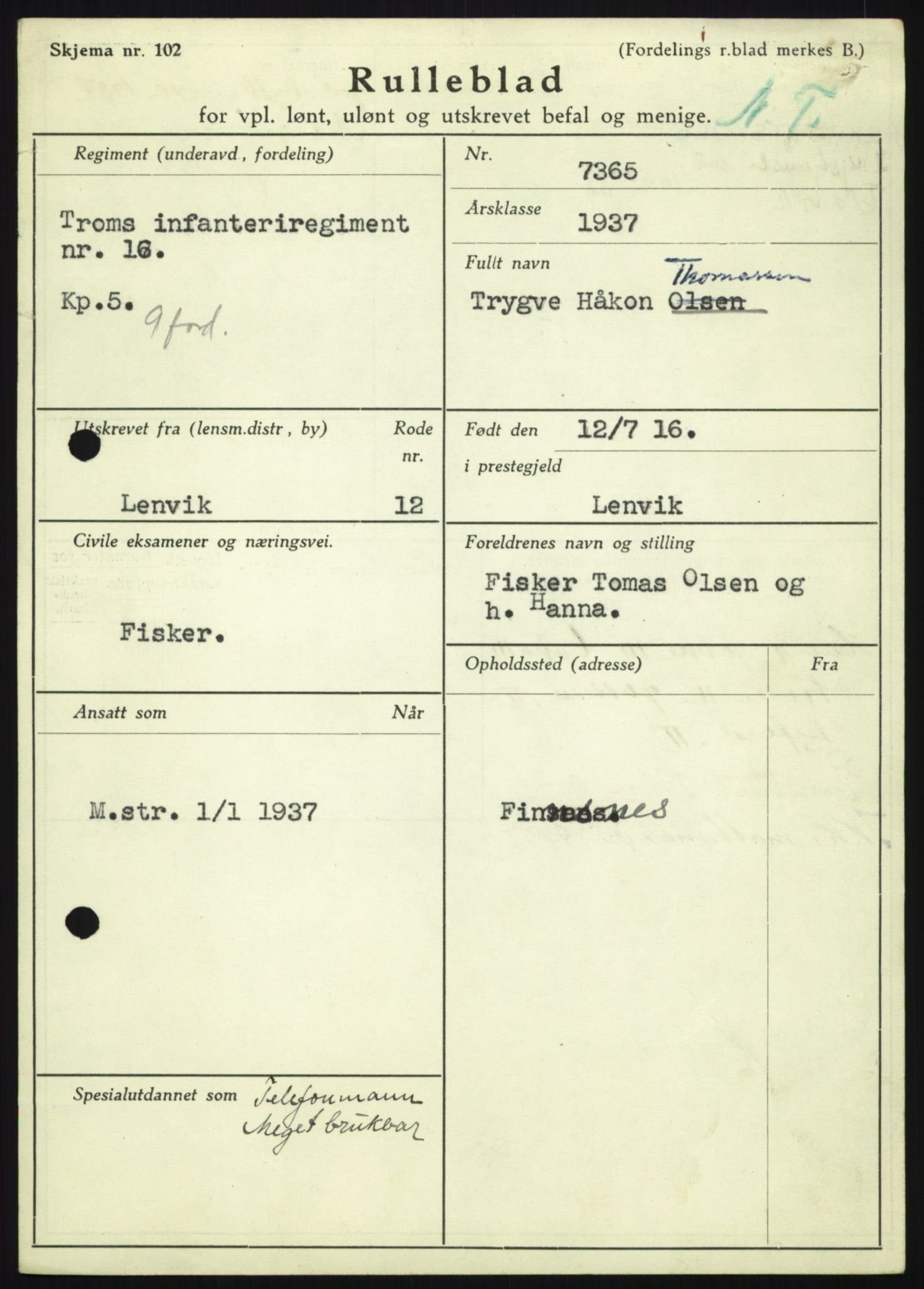 Forsvaret, Troms infanteriregiment nr. 16, AV/RA-RAFA-3146/P/Pa/L0021: Rulleblad for regimentets menige mannskaper, årsklasse 1937, 1937, p. 1169