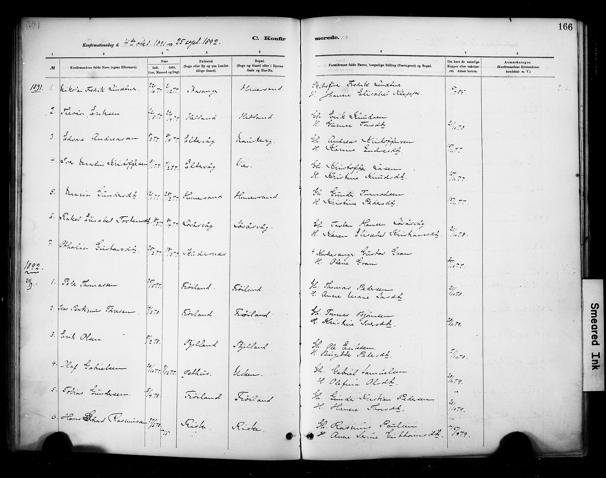 Hetland sokneprestkontor, SAST/A-101826/30/30BA/L0010: Parish register (official) no. A 10, 1882-1925, p. 166