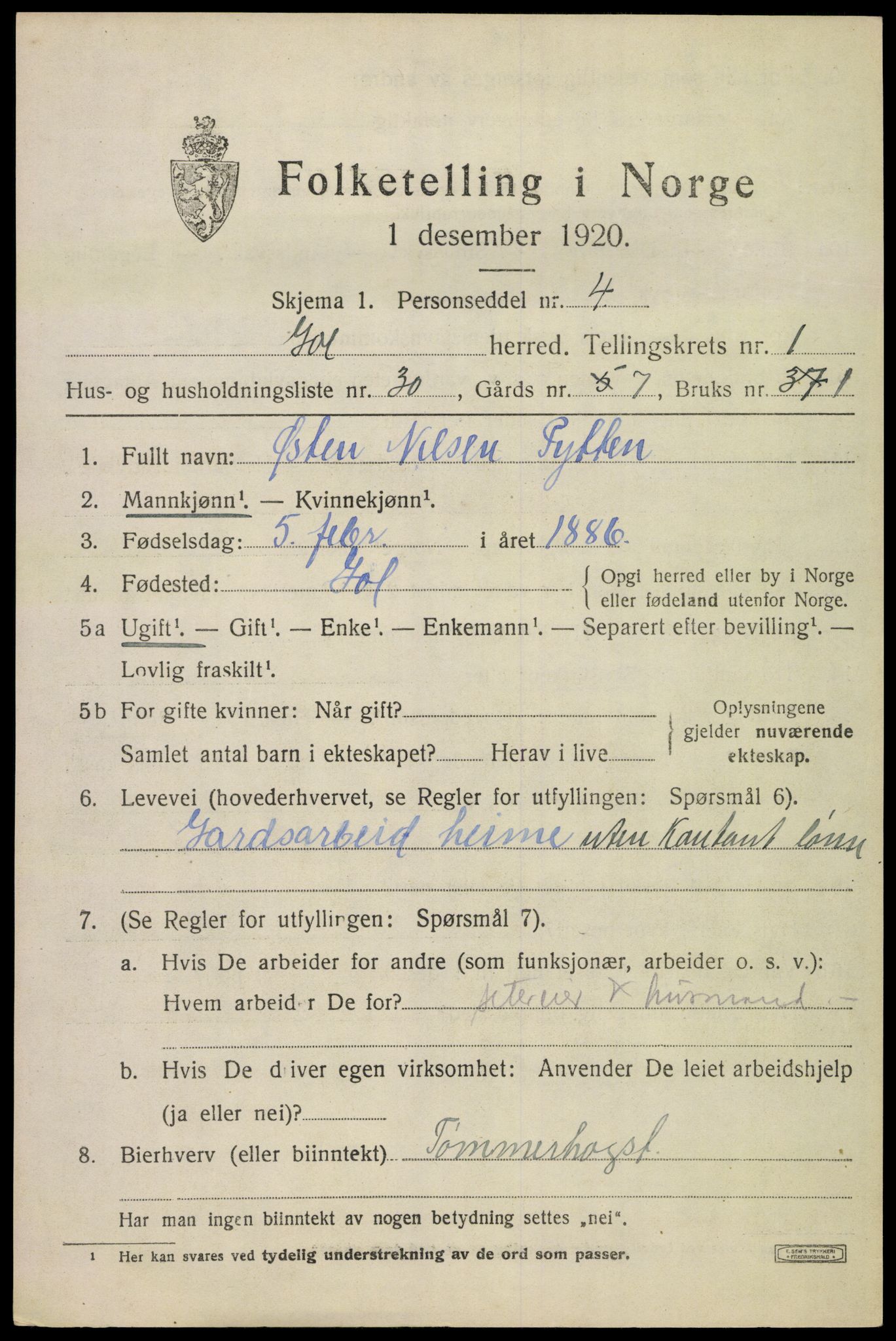 SAKO, 1920 census for Gol, 1920, p. 1212