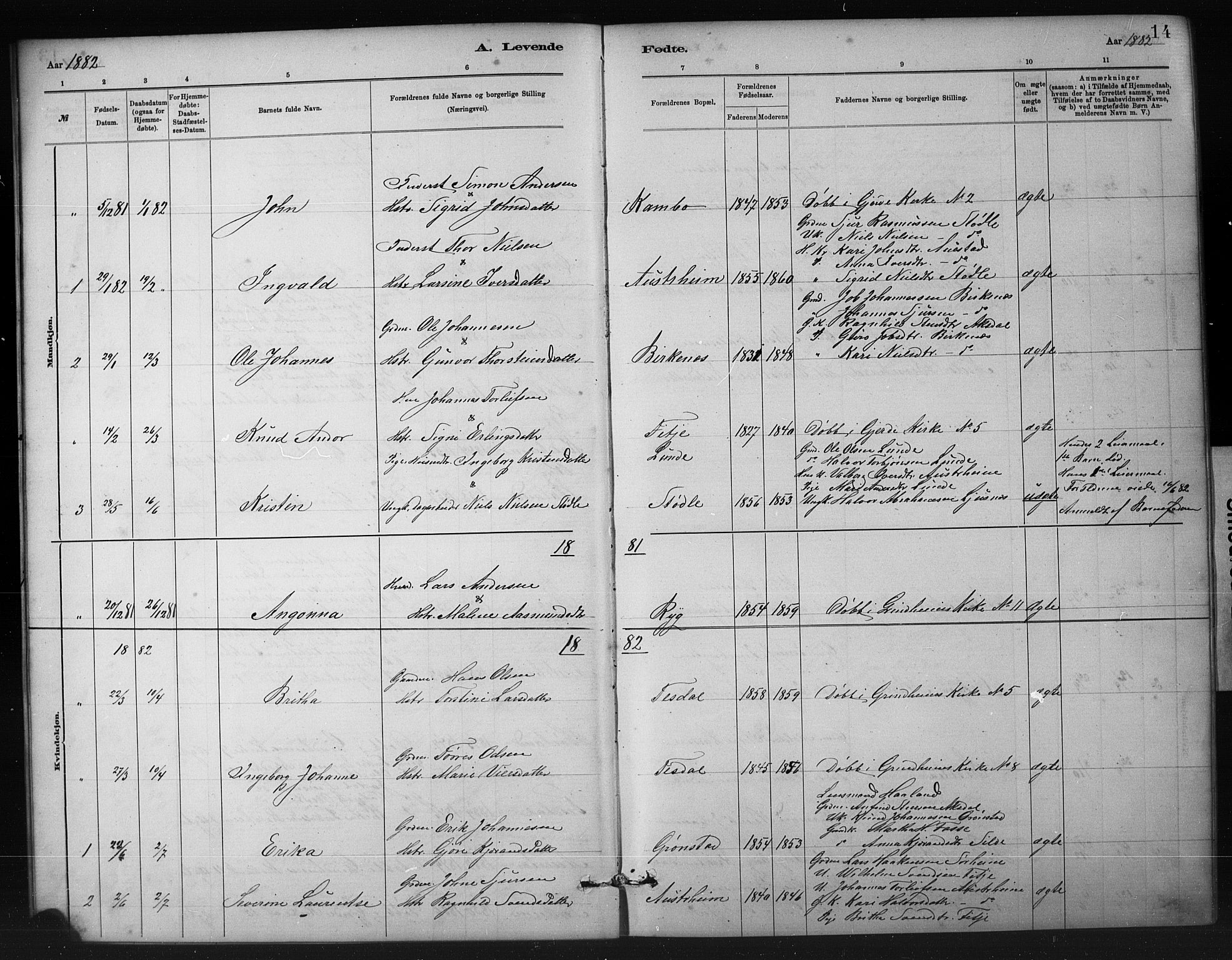 Etne sokneprestembete, SAB/A-75001/H/Hab: Parish register (copy) no. A 5, 1879-1896, p. 14