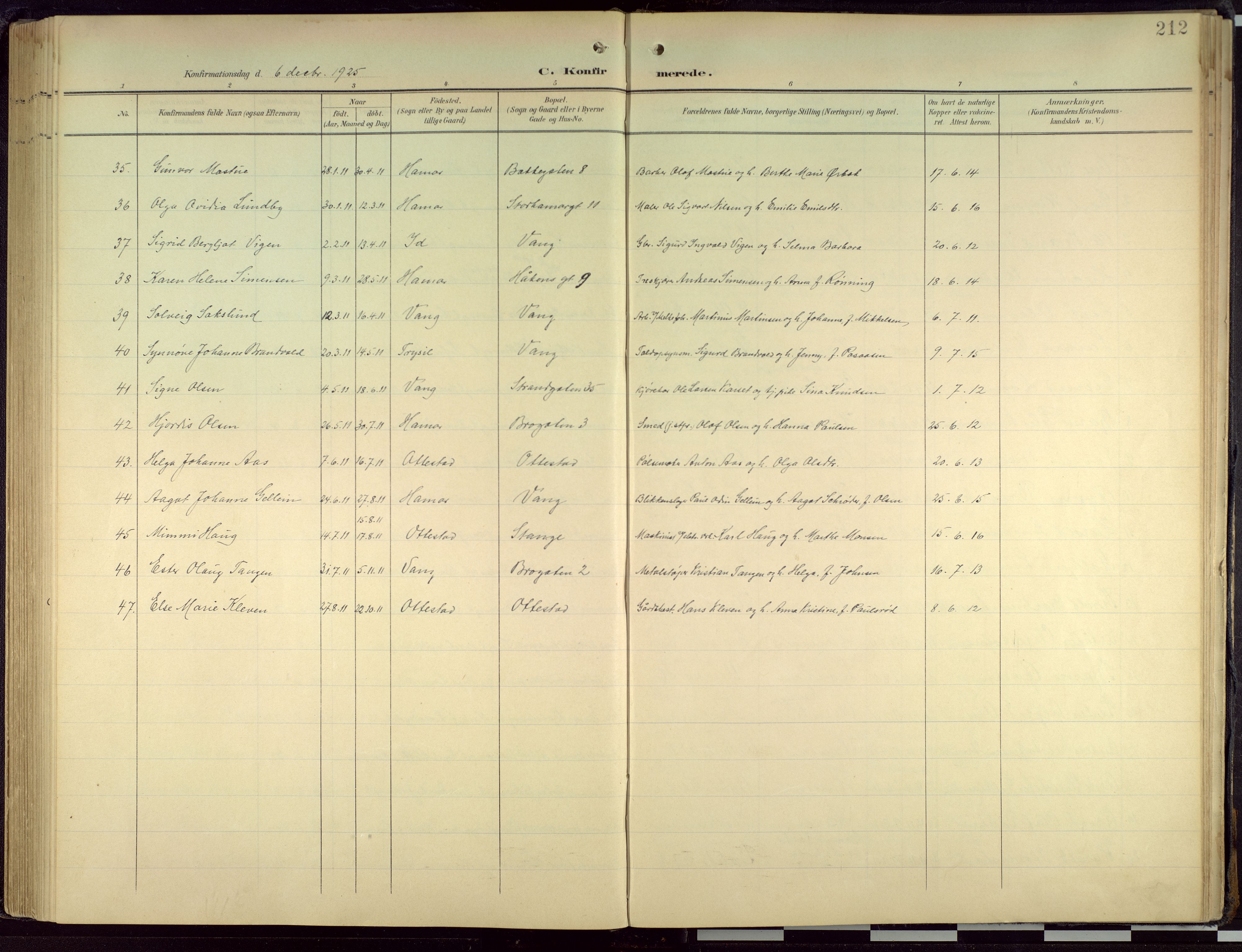 Hamar prestekontor, AV/SAH-DOMPH-002/H/Ha/Haa/L0004: Parish register (official) no. 4, 1899-1973, p. 212