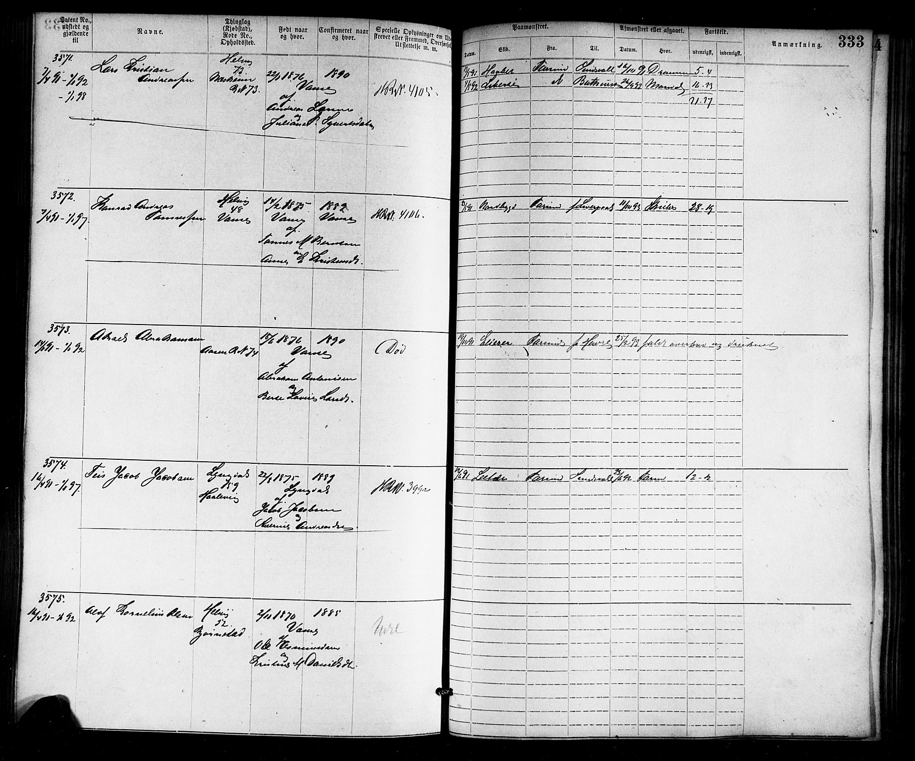 Farsund mønstringskrets, SAK/2031-0017/F/Fa/L0006: Annotasjonsrulle nr 1911-3805 med register, Z-3, 1877-1894, p. 369