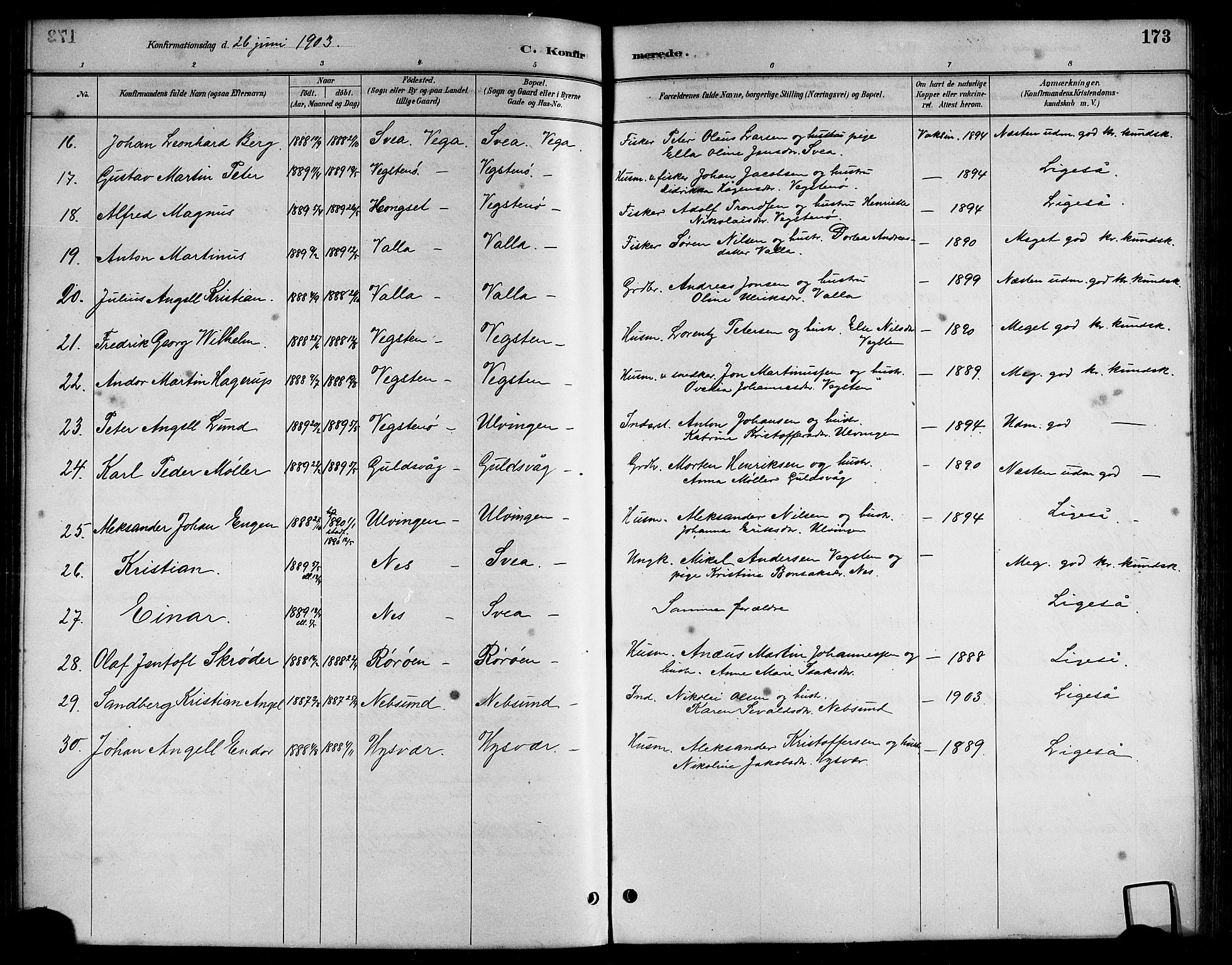 Ministerialprotokoller, klokkerbøker og fødselsregistre - Nordland, AV/SAT-A-1459/816/L0253: Parish register (copy) no. 816C03, 1886-1905, p. 173