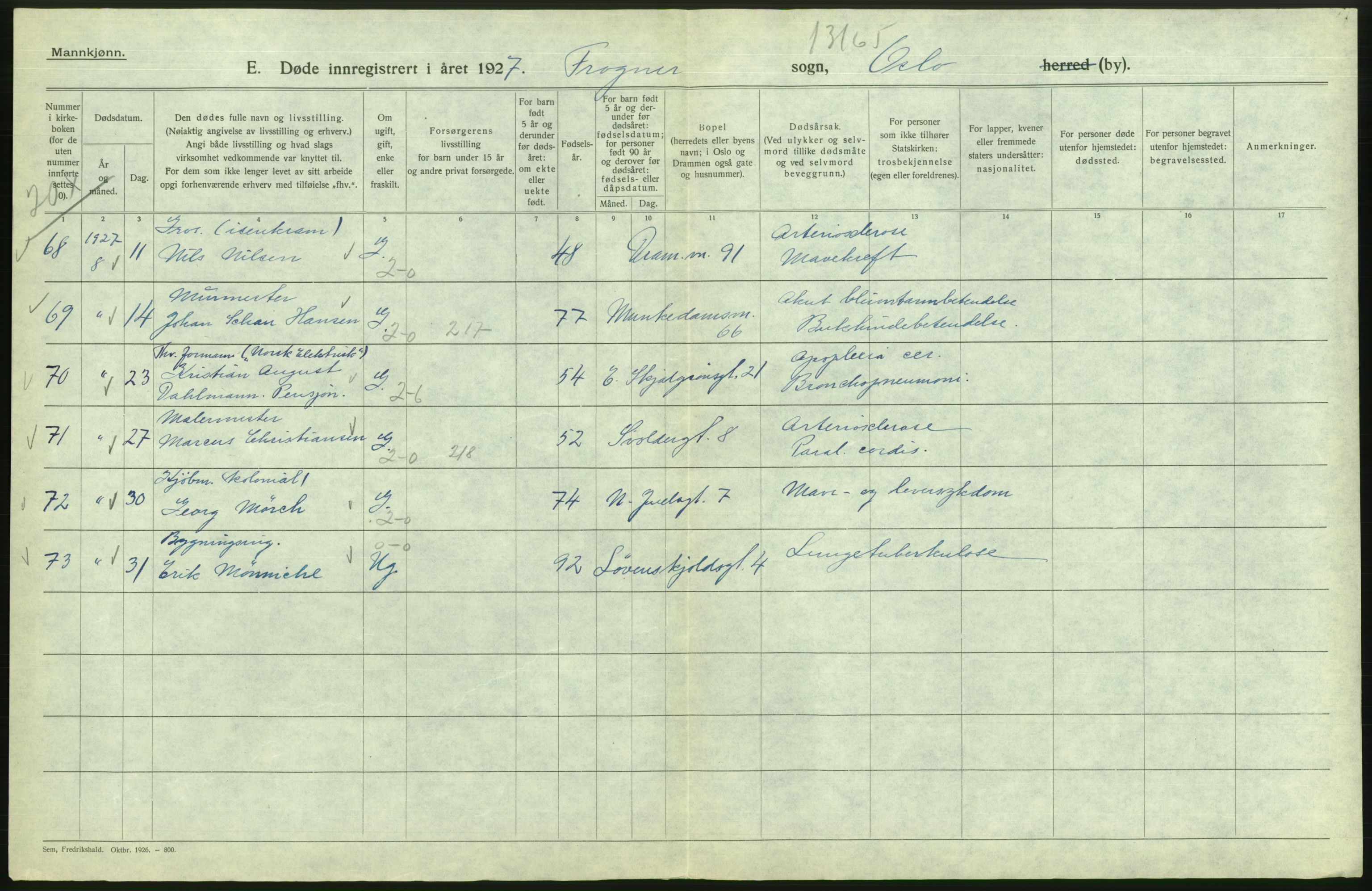 Statistisk sentralbyrå, Sosiodemografiske emner, Befolkning, AV/RA-S-2228/D/Df/Dfc/Dfcg/L0009: Oslo: Døde menn, 1927, p. 110