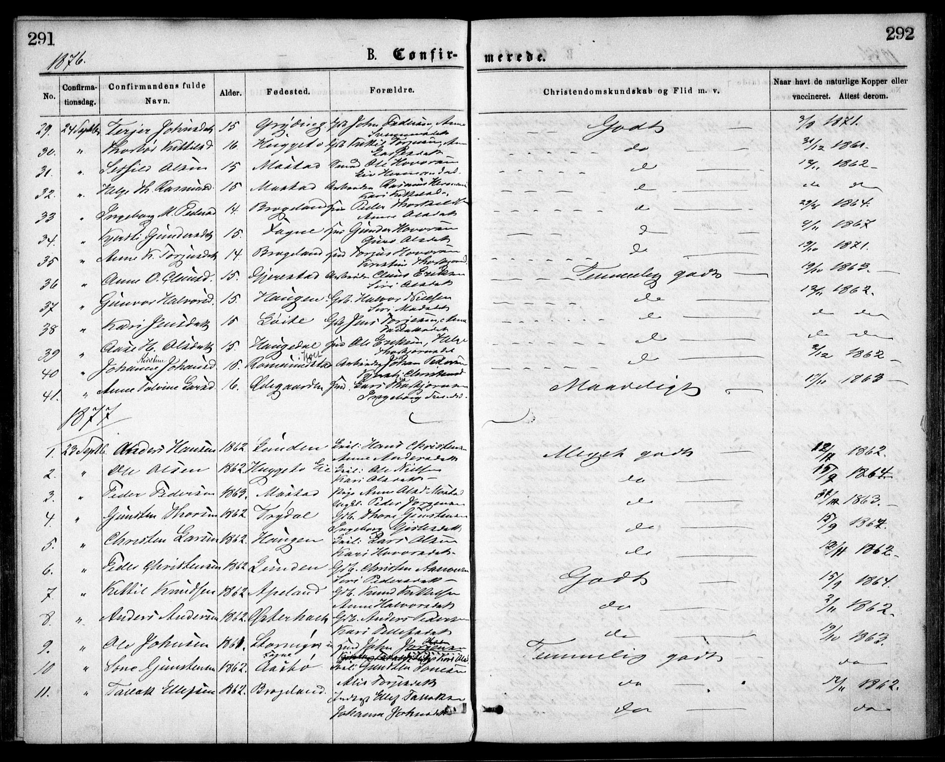 Gjerstad sokneprestkontor, AV/SAK-1111-0014/F/Fa/Faa/L0008: Parish register (official) no. A 8, 1876-1884, p. 291-292