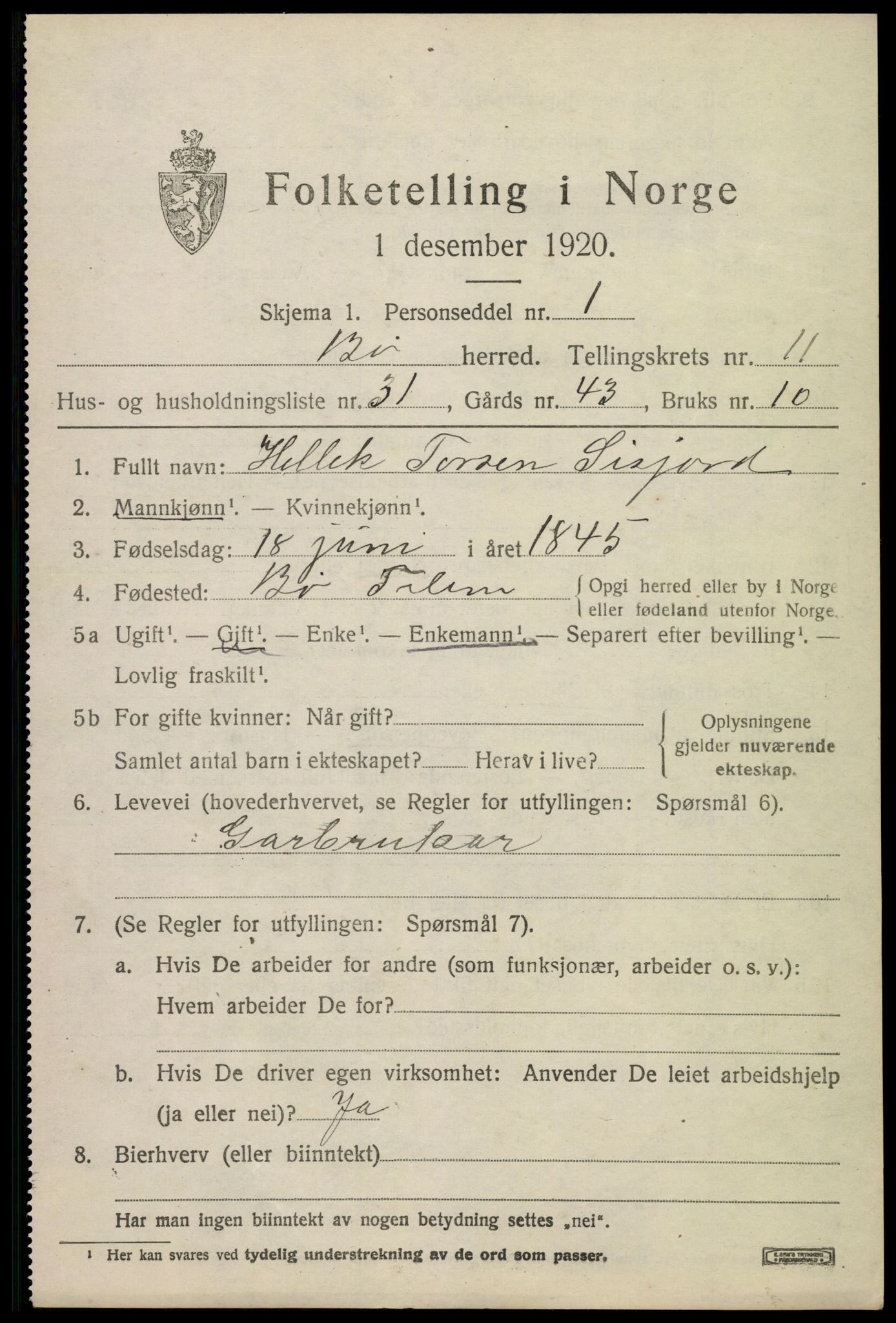 SAKO, 1920 census for Bø (Telemark), 1920, p. 7040