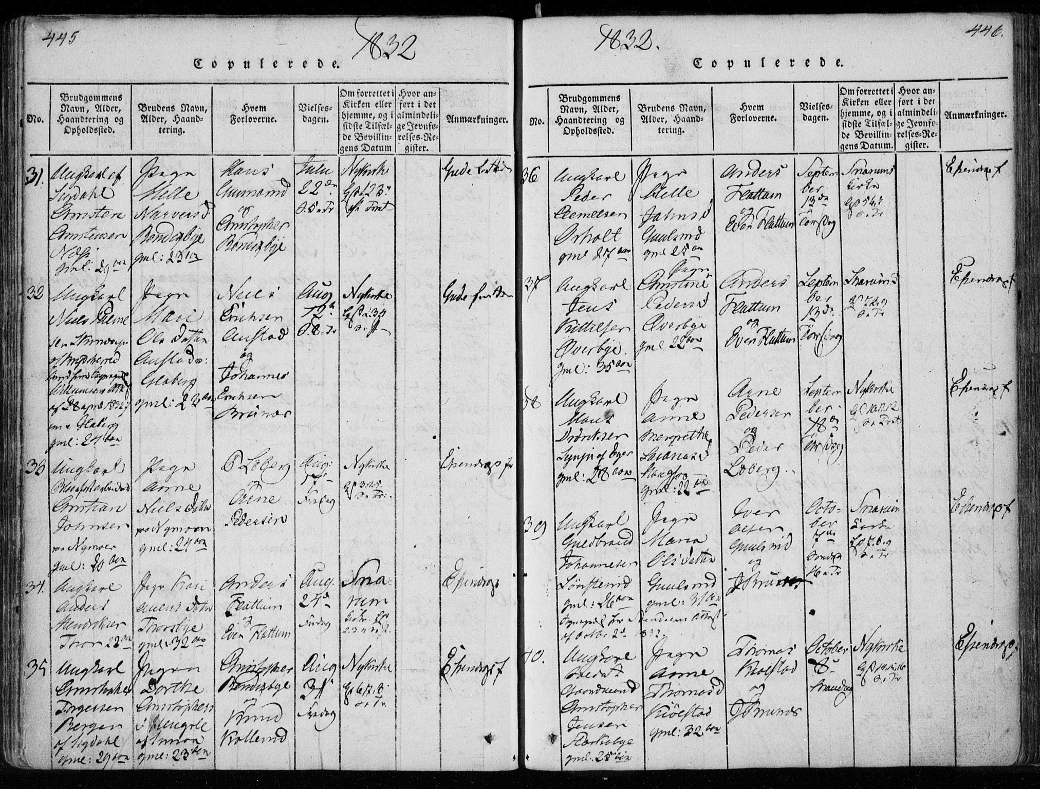 Modum kirkebøker, AV/SAKO-A-234/F/Fa/L0005: Parish register (official) no. 5, 1824-1841, p. 445-446