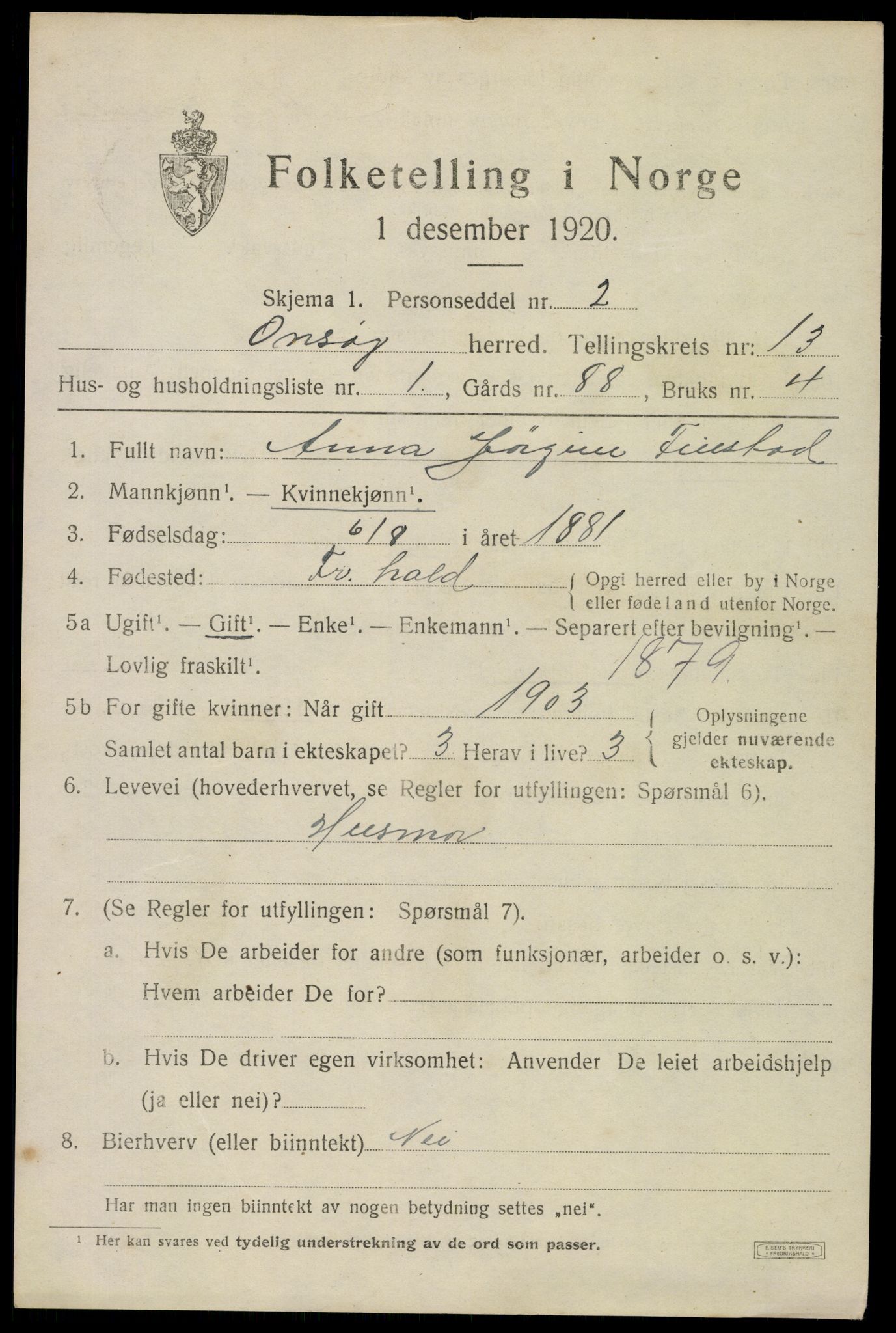 SAO, 1920 census for Onsøy, 1920, p. 15766