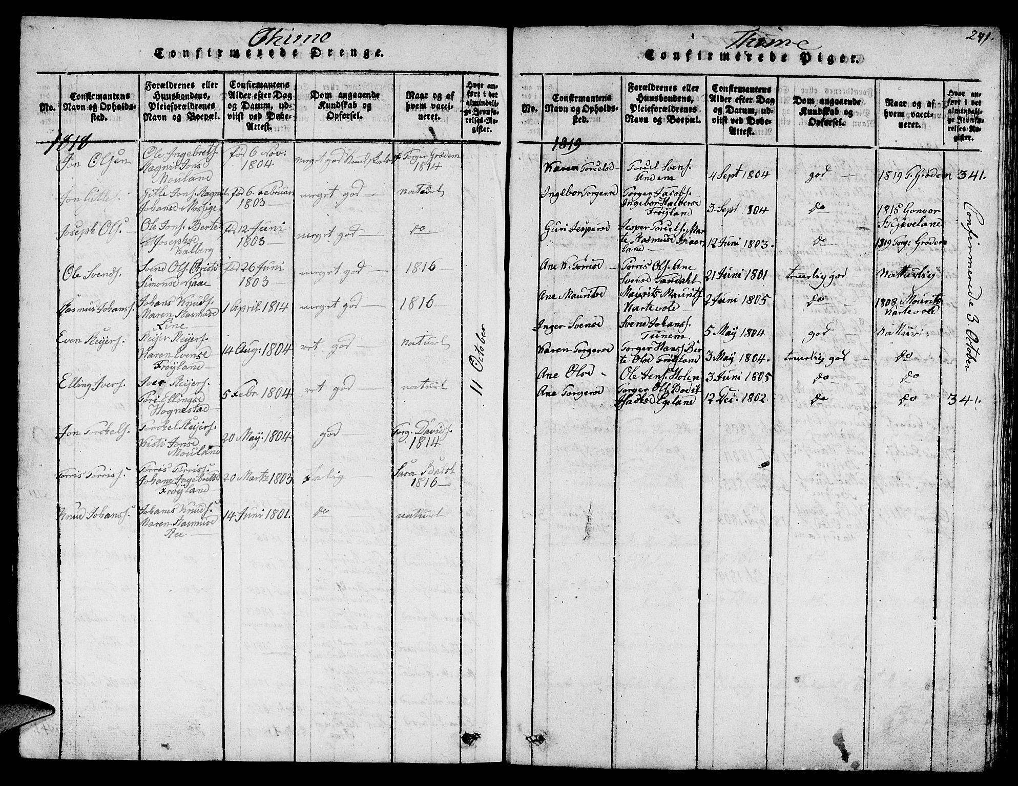 Lye sokneprestkontor, SAST/A-101794/001/30BB/L0001: Parish register (copy) no. B 1 /1, 1816-1826, p. 241