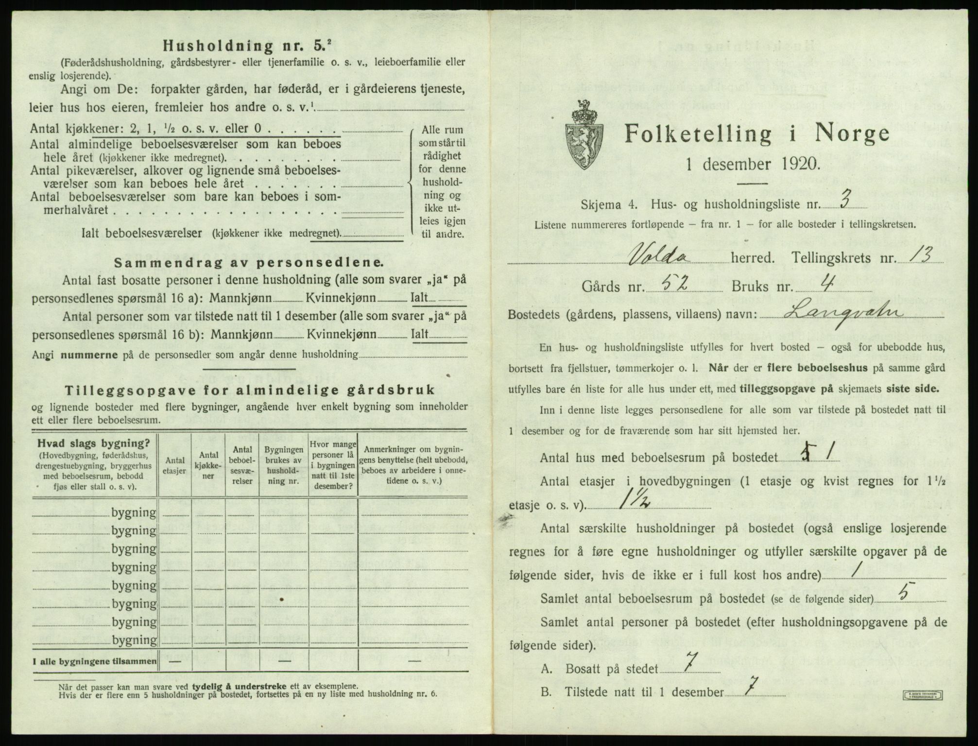 SAT, 1920 census for Volda, 1920, p. 1052