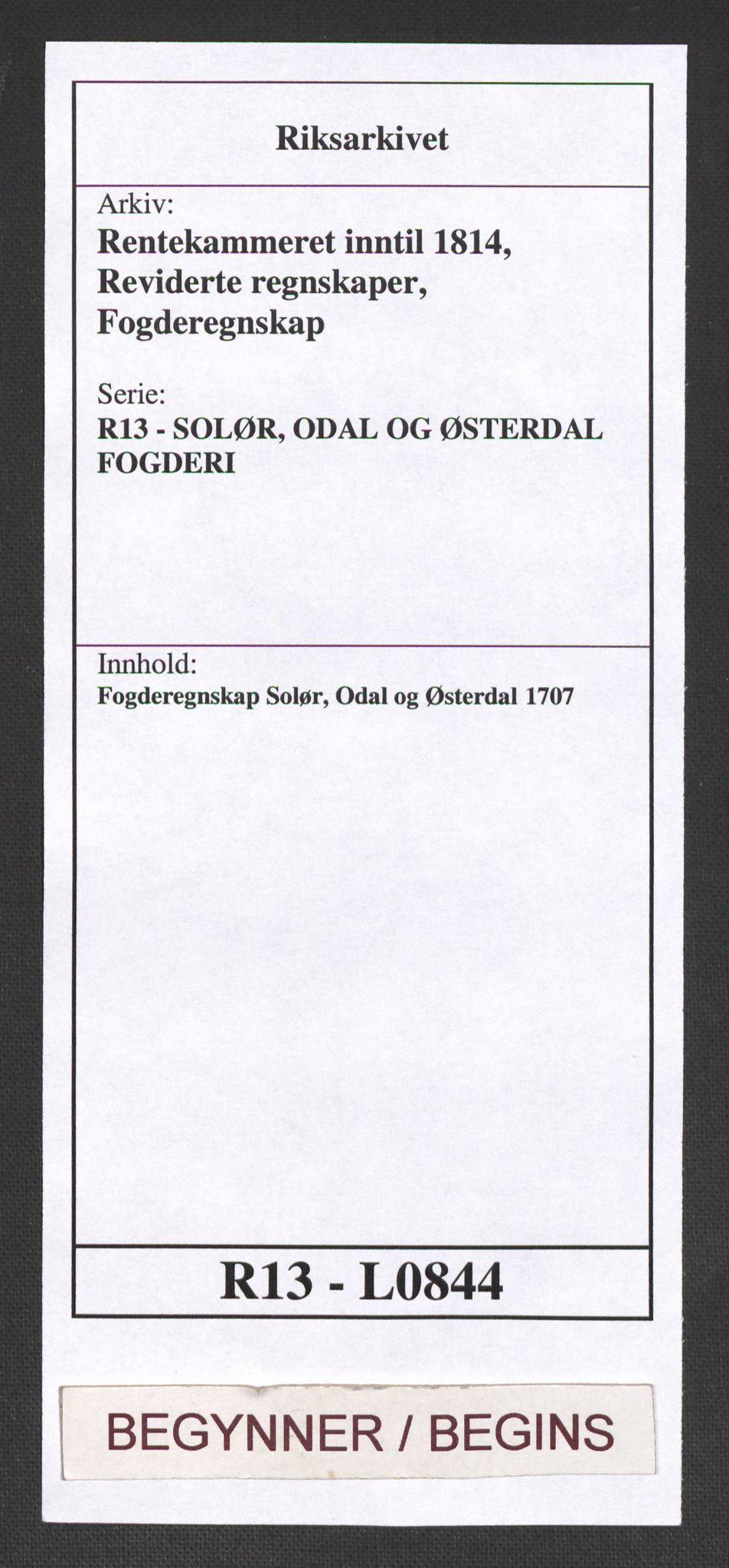 Rentekammeret inntil 1814, Reviderte regnskaper, Fogderegnskap, AV/RA-EA-4092/R13/L0844: Fogderegnskap Solør, Odal og Østerdal, 1707, p. 1