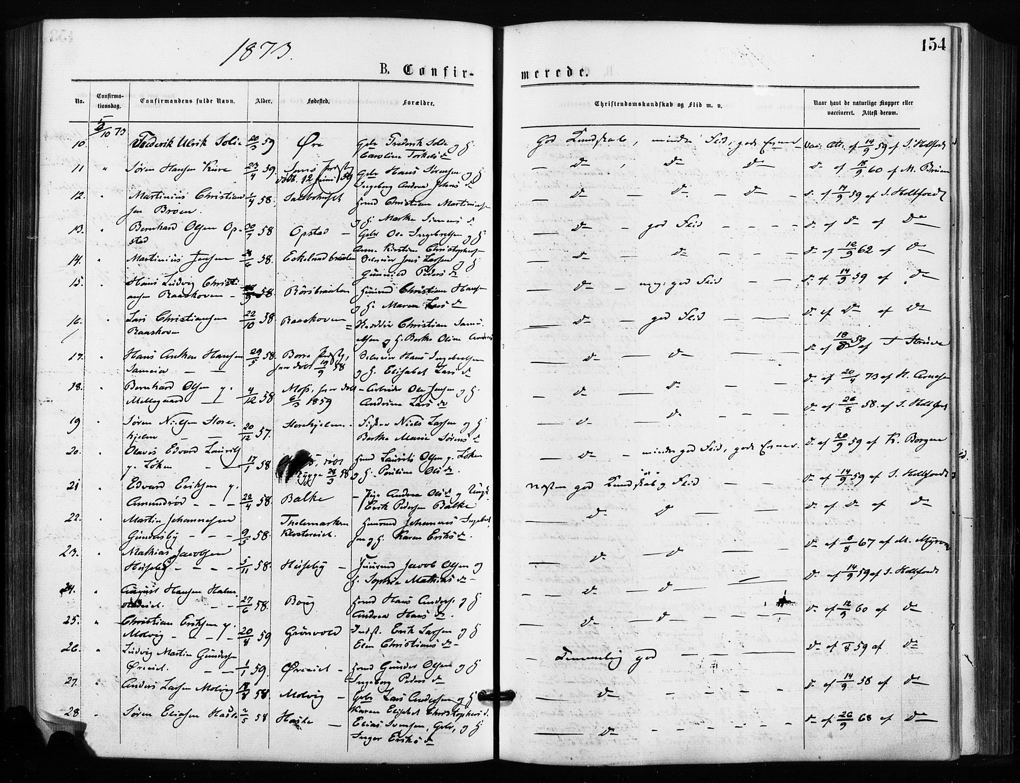 Rygge prestekontor Kirkebøker, SAO/A-10084b/F/Fa/L0006: Parish register (official) no. 6, 1872-1877, p. 154