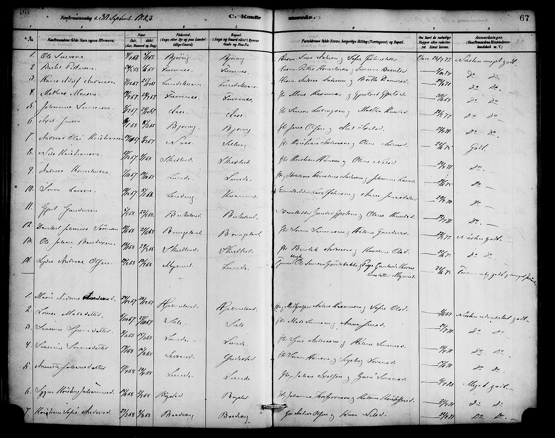 Gaular sokneprestembete, AV/SAB-A-80001/H/Haa: Parish register (official) no. C 1, 1882-1897, p. 67