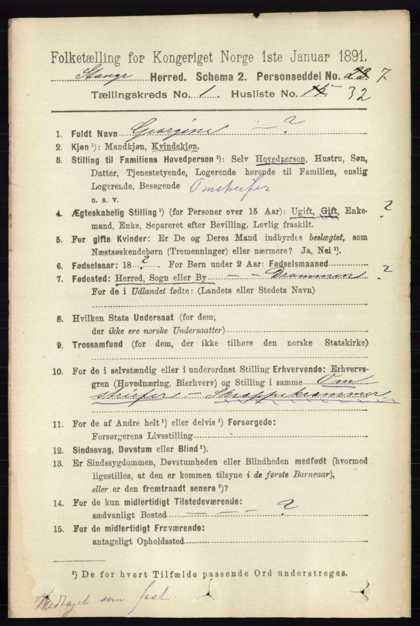 RA, 1891 census for 0417 Stange, 1891, p. 401