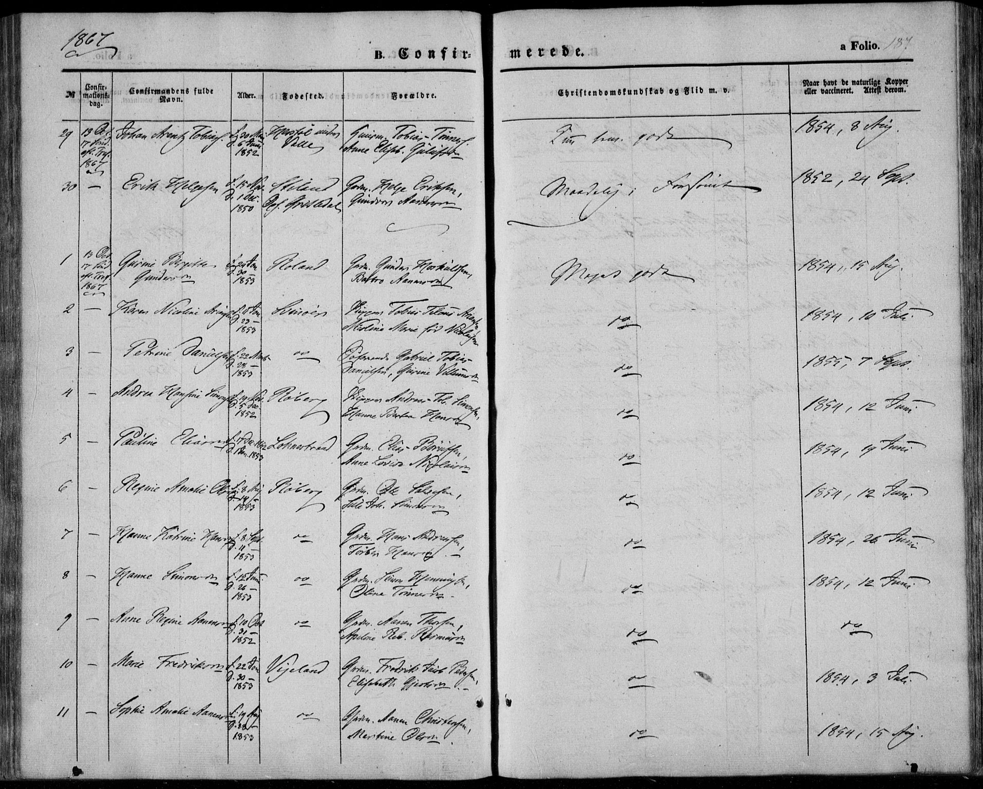 Sør-Audnedal sokneprestkontor, AV/SAK-1111-0039/F/Fa/Fab/L0007: Parish register (official) no. A 7, 1855-1876, p. 187