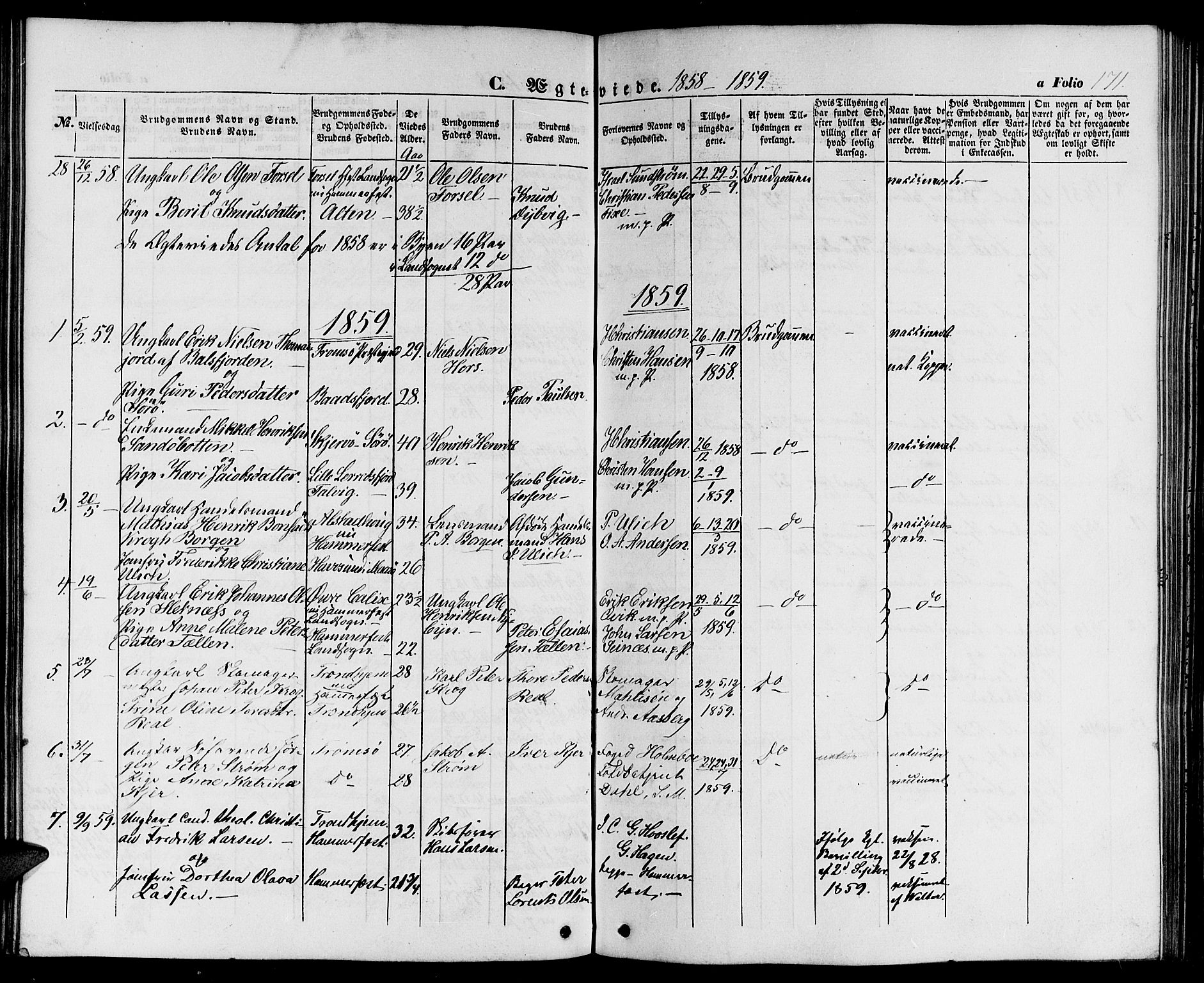 Hammerfest sokneprestkontor, SATØ/S-1347/H/Hb/L0002.klokk: Parish register (copy) no. 2, 1851-1861, p. 171