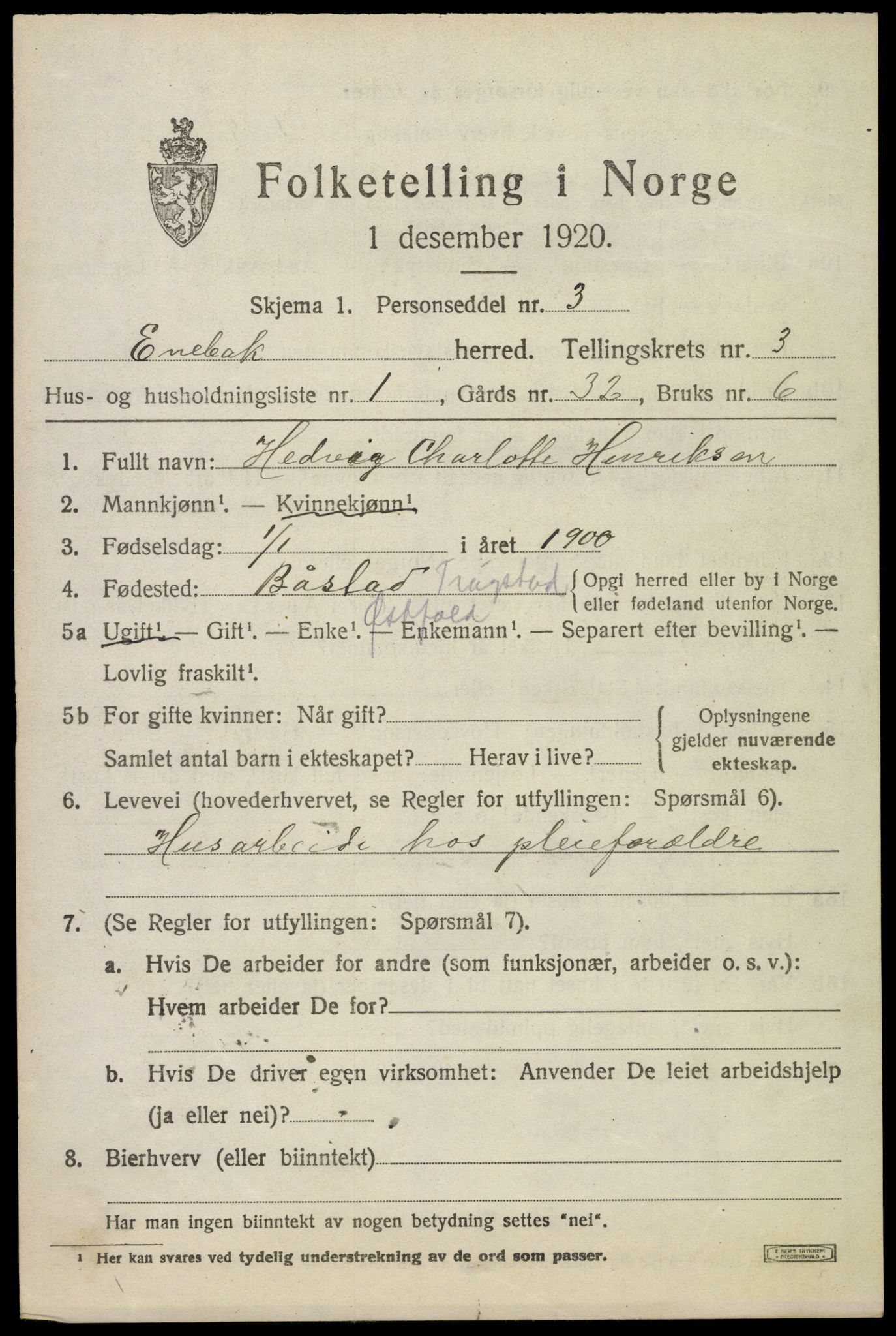 SAO, 1920 census for Enebakk, 1920, p. 2749