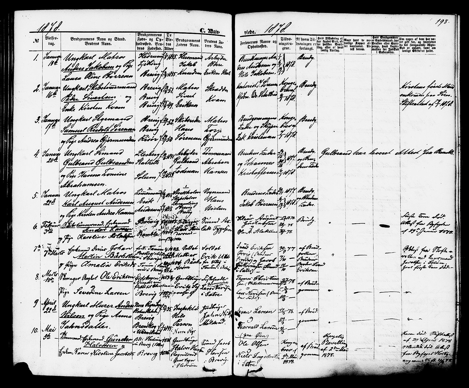 Brevik kirkebøker, SAKO/A-255/F/Fa/L0006: Parish register (official) no. 6, 1866-1881, p. 198