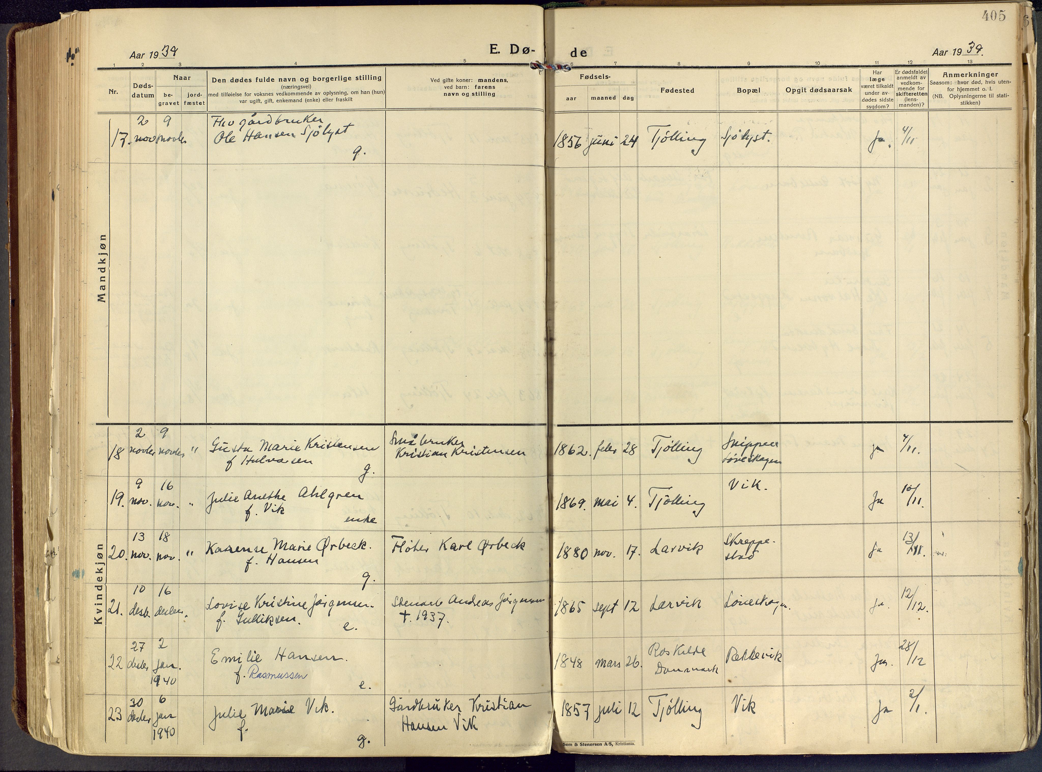 Tjølling kirkebøker, AV/SAKO-A-60/F/Fa/L0011: Parish register (official) no. 11, 1924-1943, p. 405