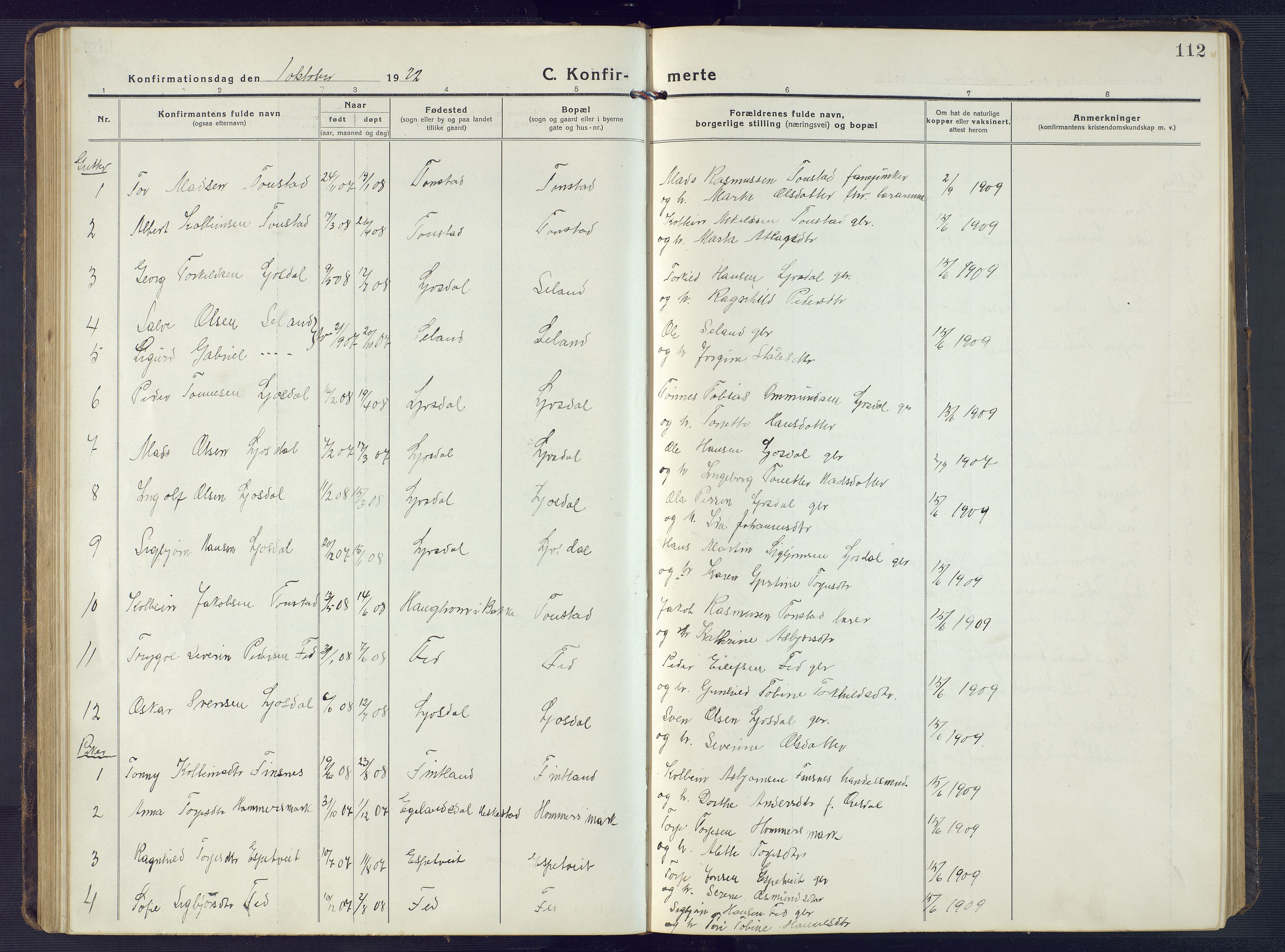 Sirdal sokneprestkontor, AV/SAK-1111-0036/F/Fb/Fbb/L0005: Parish register (copy) no. B 5, 1916-1960, p. 112