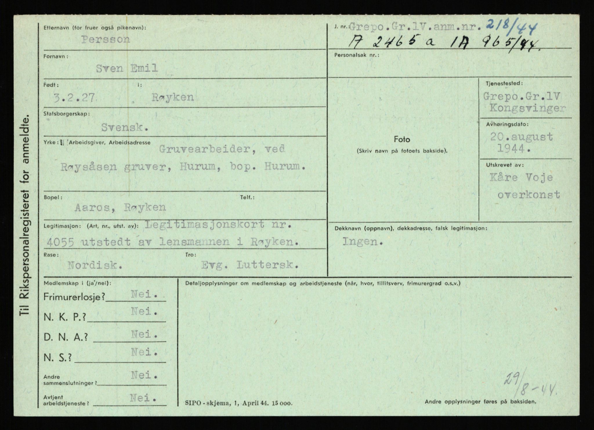 Statspolitiet - Hovedkontoret / Osloavdelingen, AV/RA-S-1329/C/Ca/L0012: Oanæs - Quistgaard	, 1943-1945, p. 3887